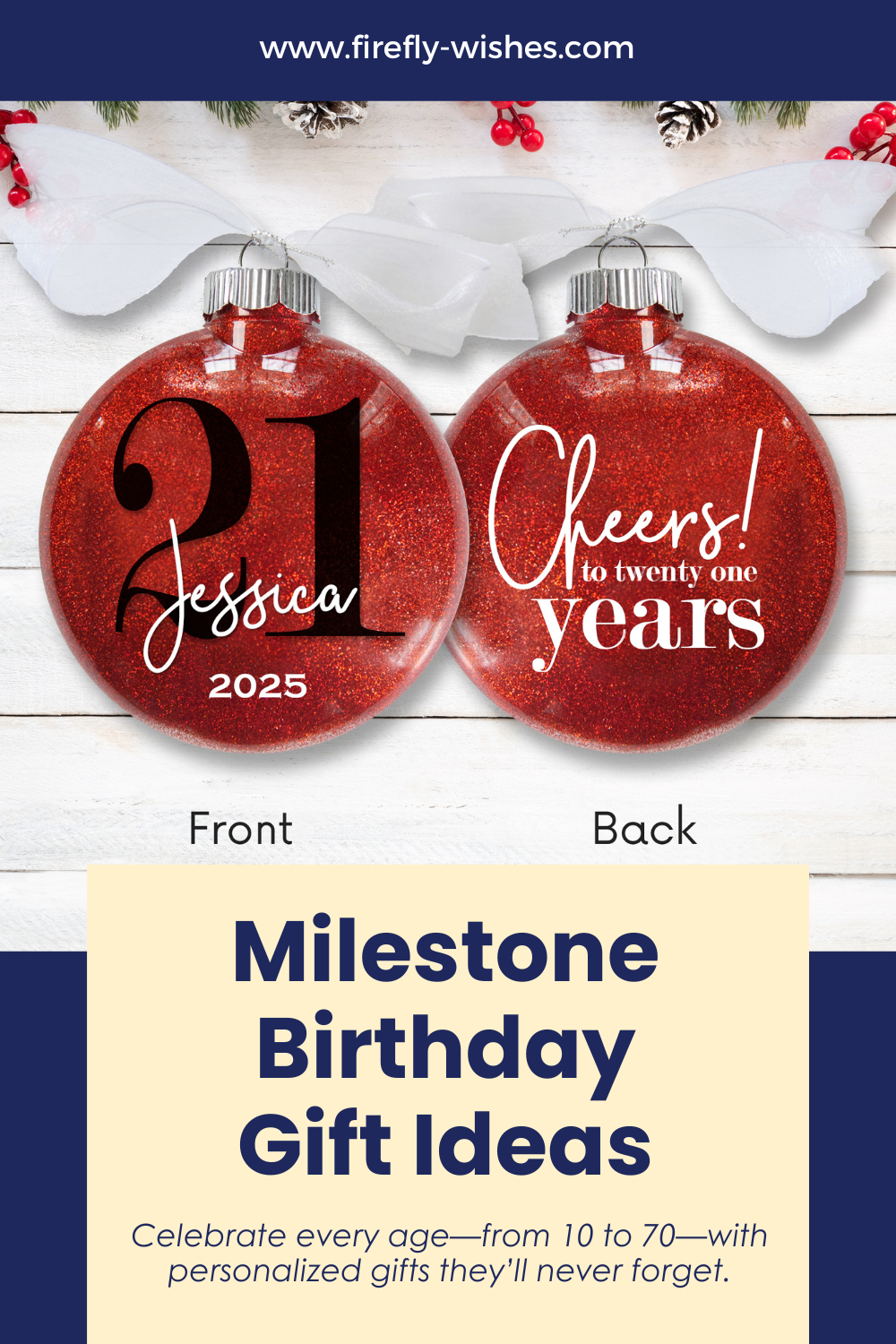 Red glitter 21st birthday ornaments with text: “Milestone Birthday Gift Ideas – Celebrate every age from 10 to 70 with personalized gifts.”