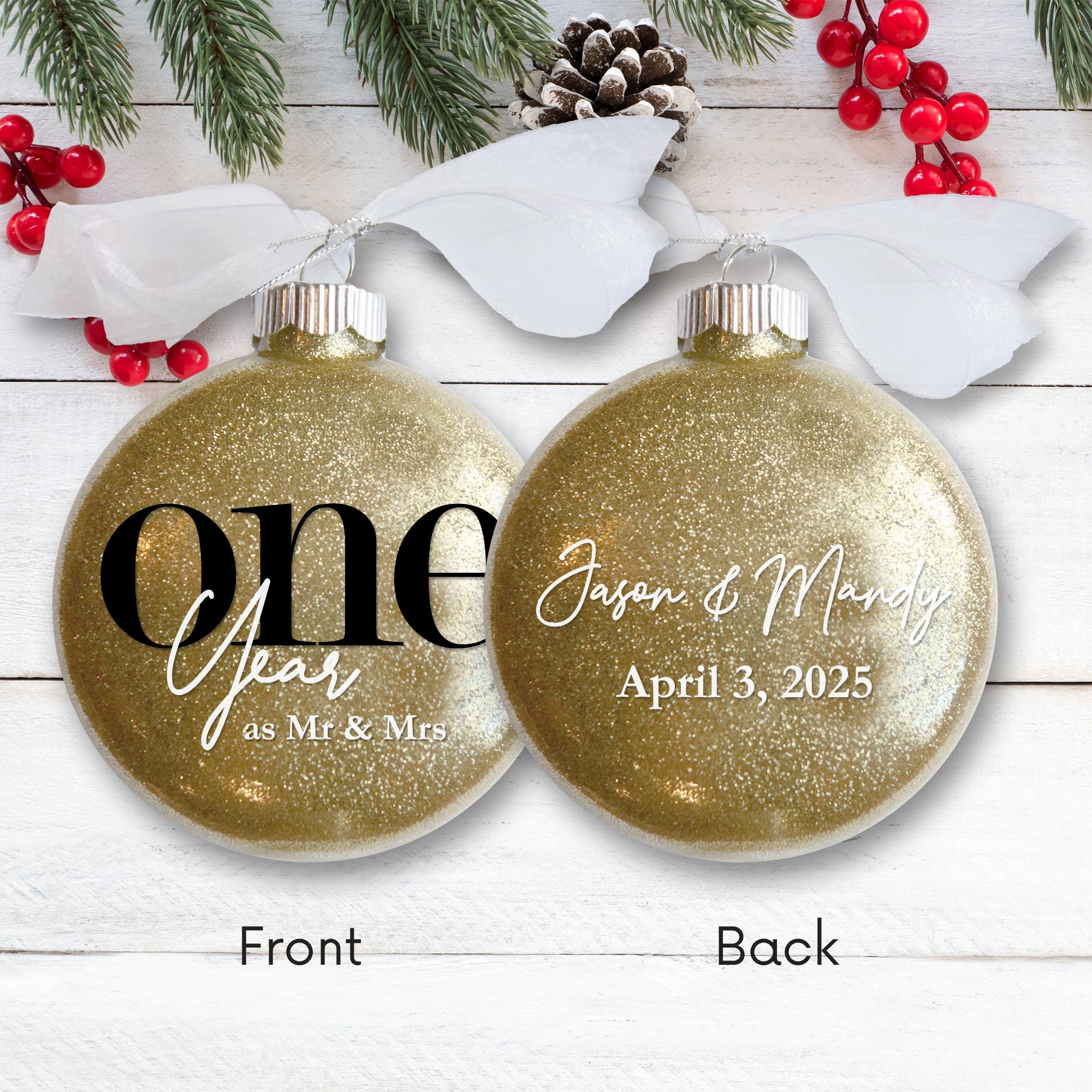 1st First Wedding Anniversary Glitter Christmas Ornament