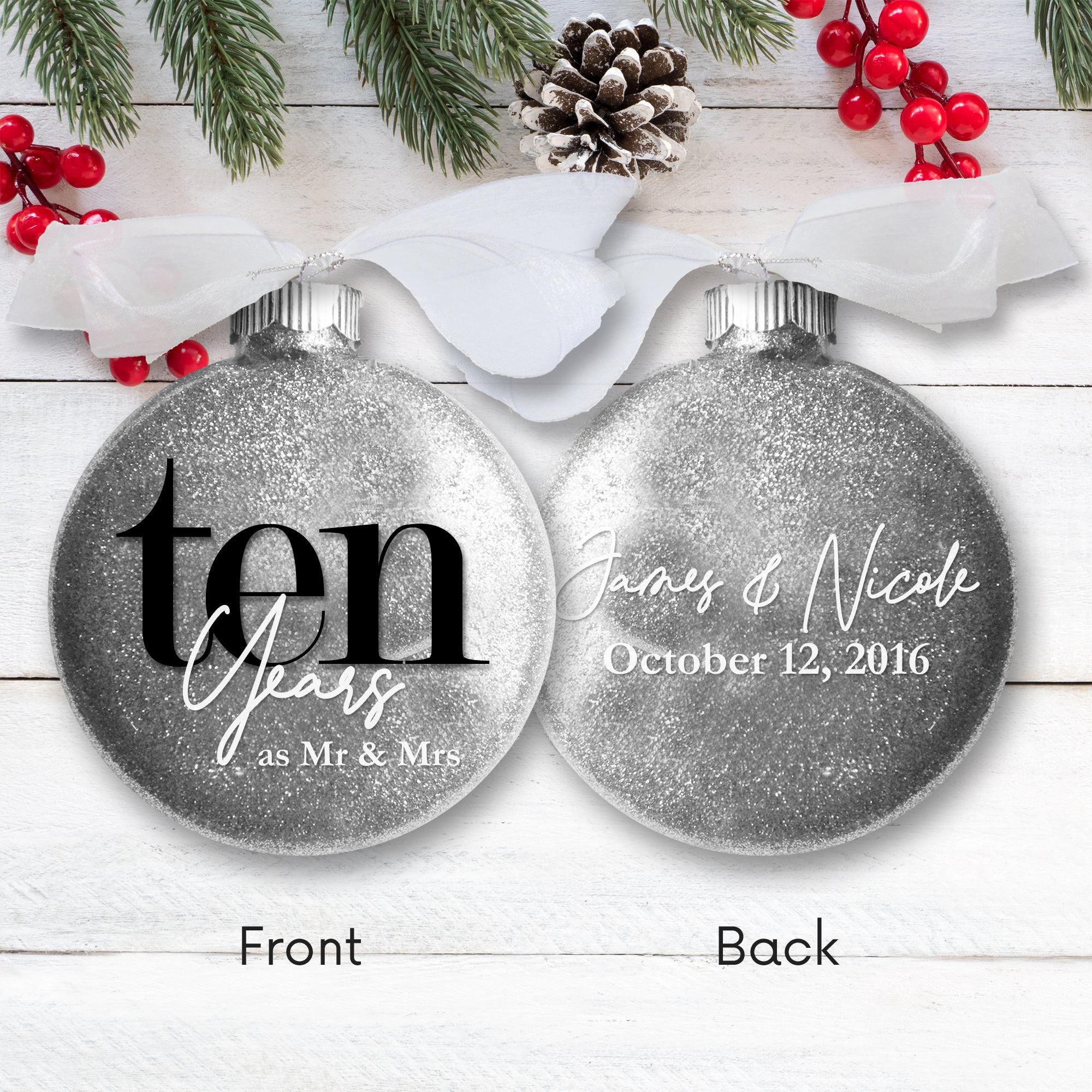 10th Ten Wedding Anniversary Glitter Christmas Ornament