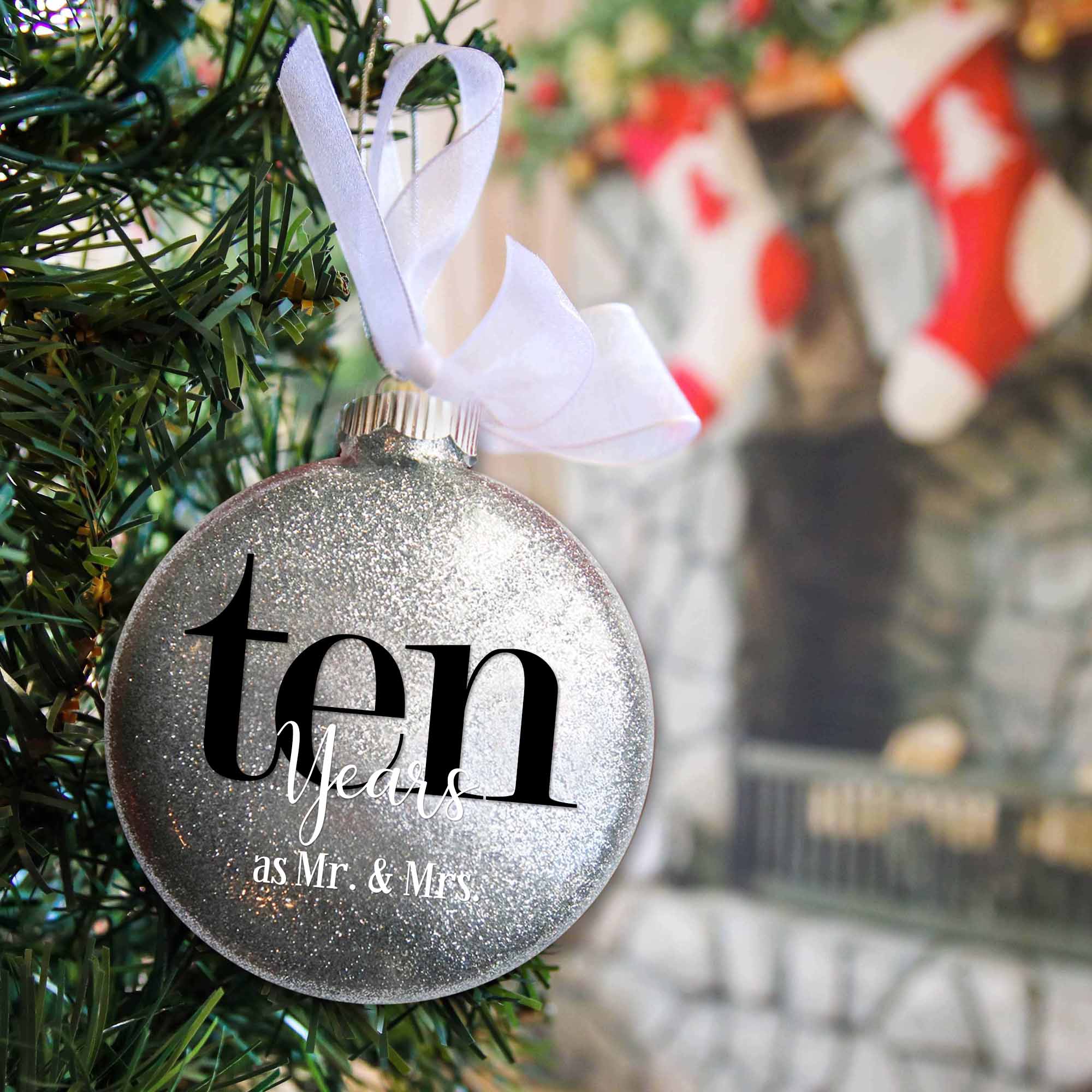 10th Ten Wedding Anniversary Glitter Christmas Ornament