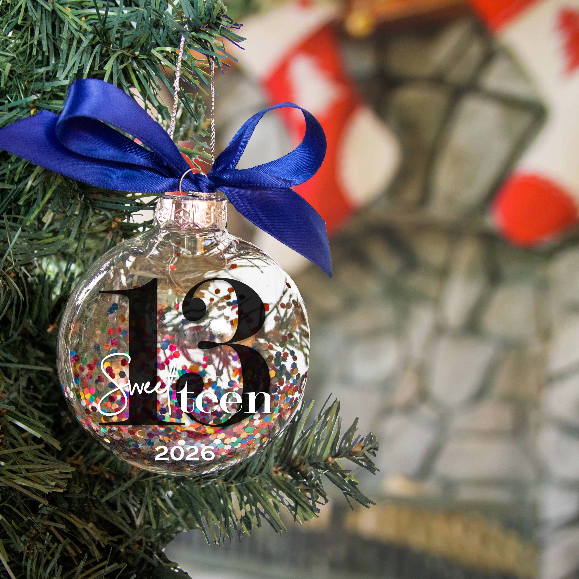 Personalized 13 Sweet Teen Birthday Christmas Ornament - Multi-colored Glitter Confetti Inside
