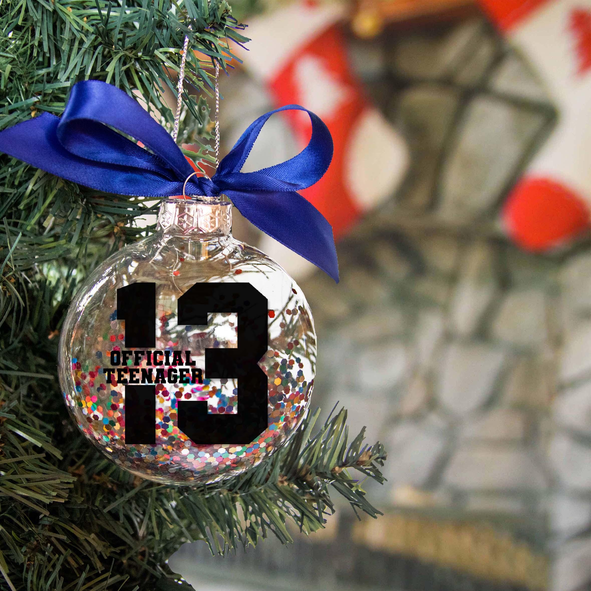 Personalized 13 Official Teenager Birthday Christmas Ornament - Multi-colored Glitter Confetti Inside