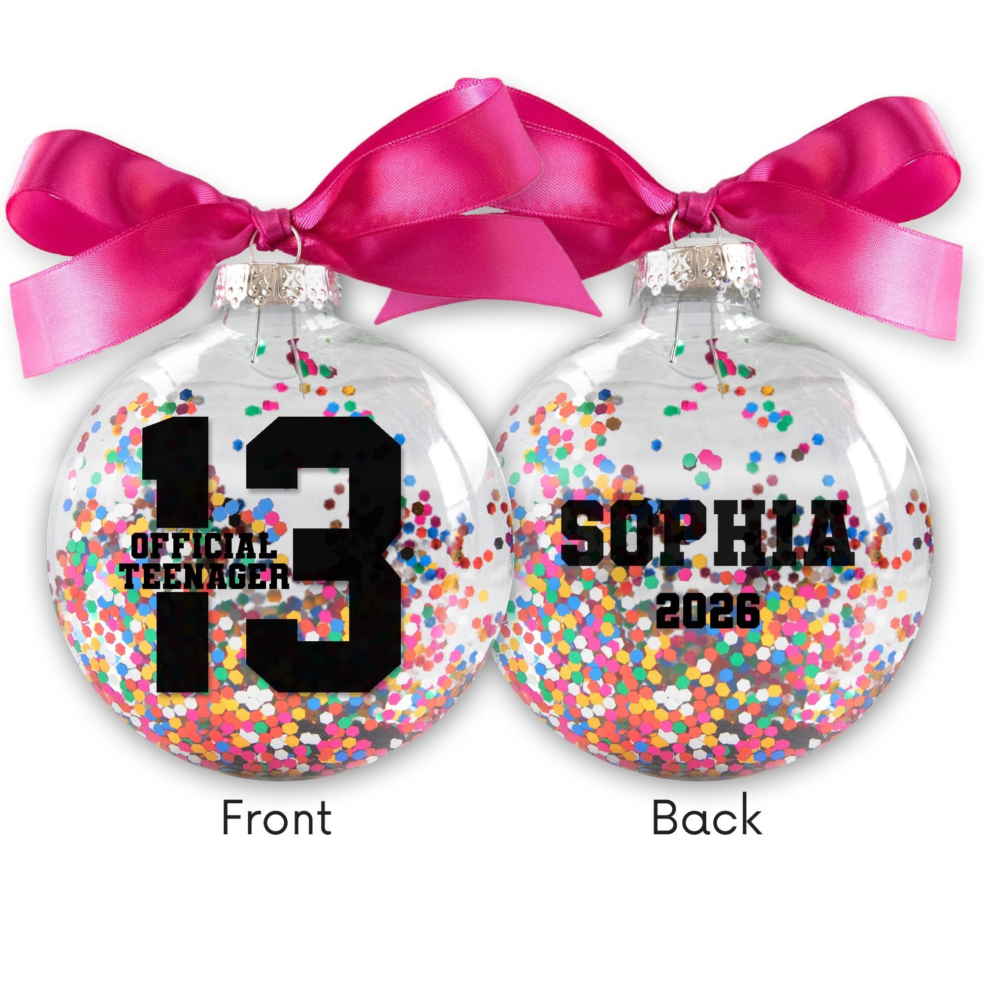Personalized 13 Official Teenager Birthday Christmas Ornament - Multi-colored Glitter Confetti Inside - Firefly Wishes