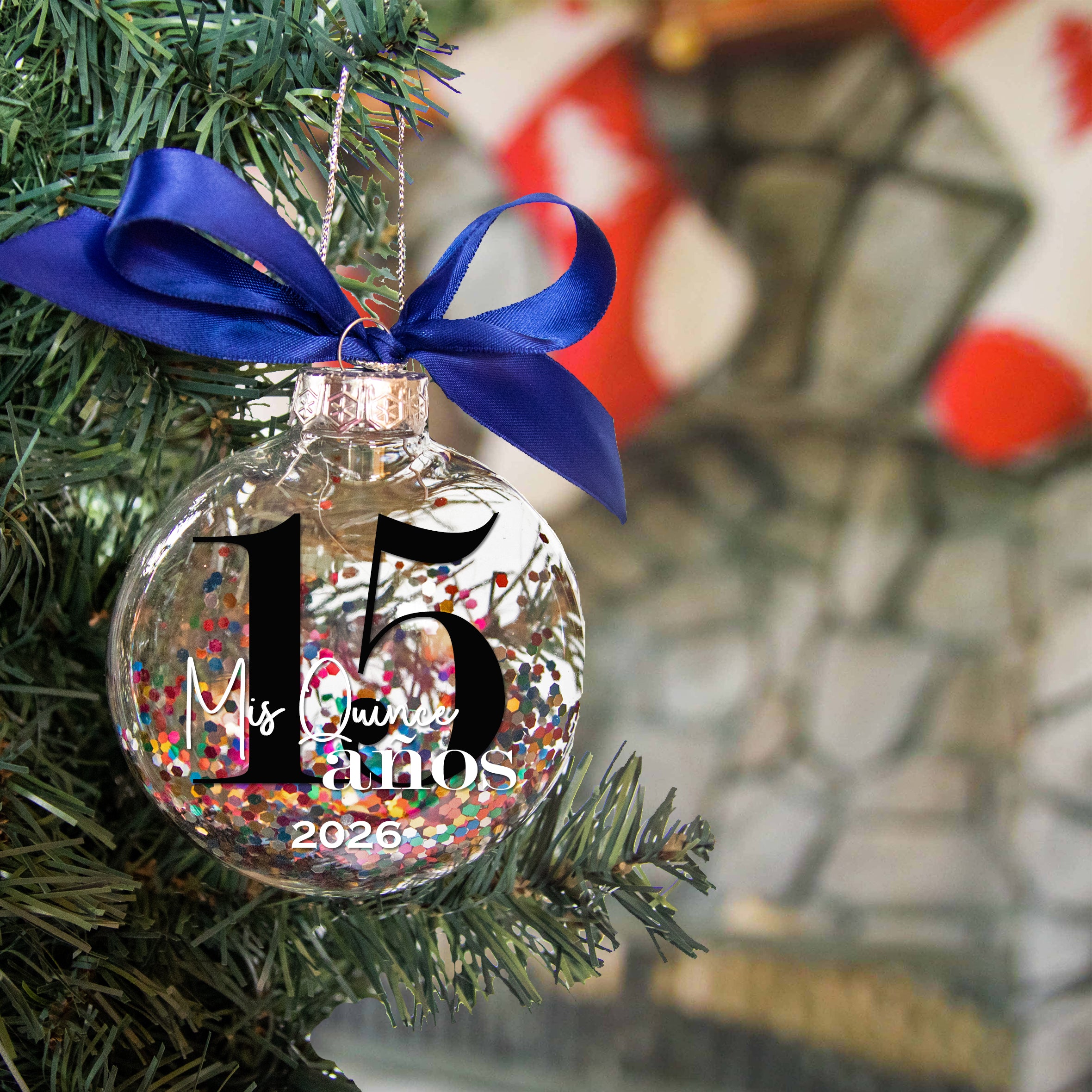 Personalized 15th Mis Quince Anos Christmas Ornament - Multi-colored Glitter Confetti Inside