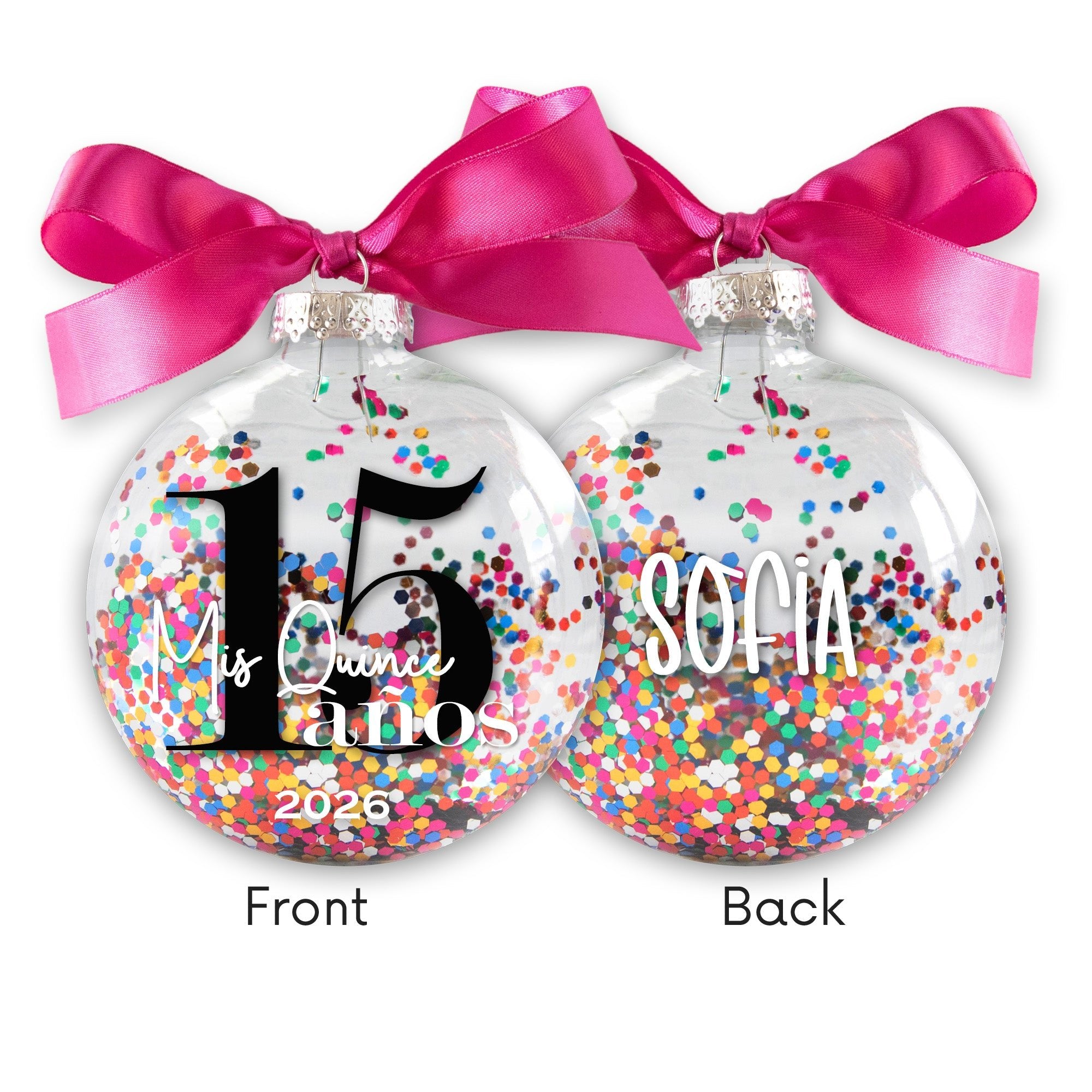 Personalized 15th Mis Quince Anos Christmas Ornament - Multi-colored Glitter Confetti Inside - Firefly Wishes