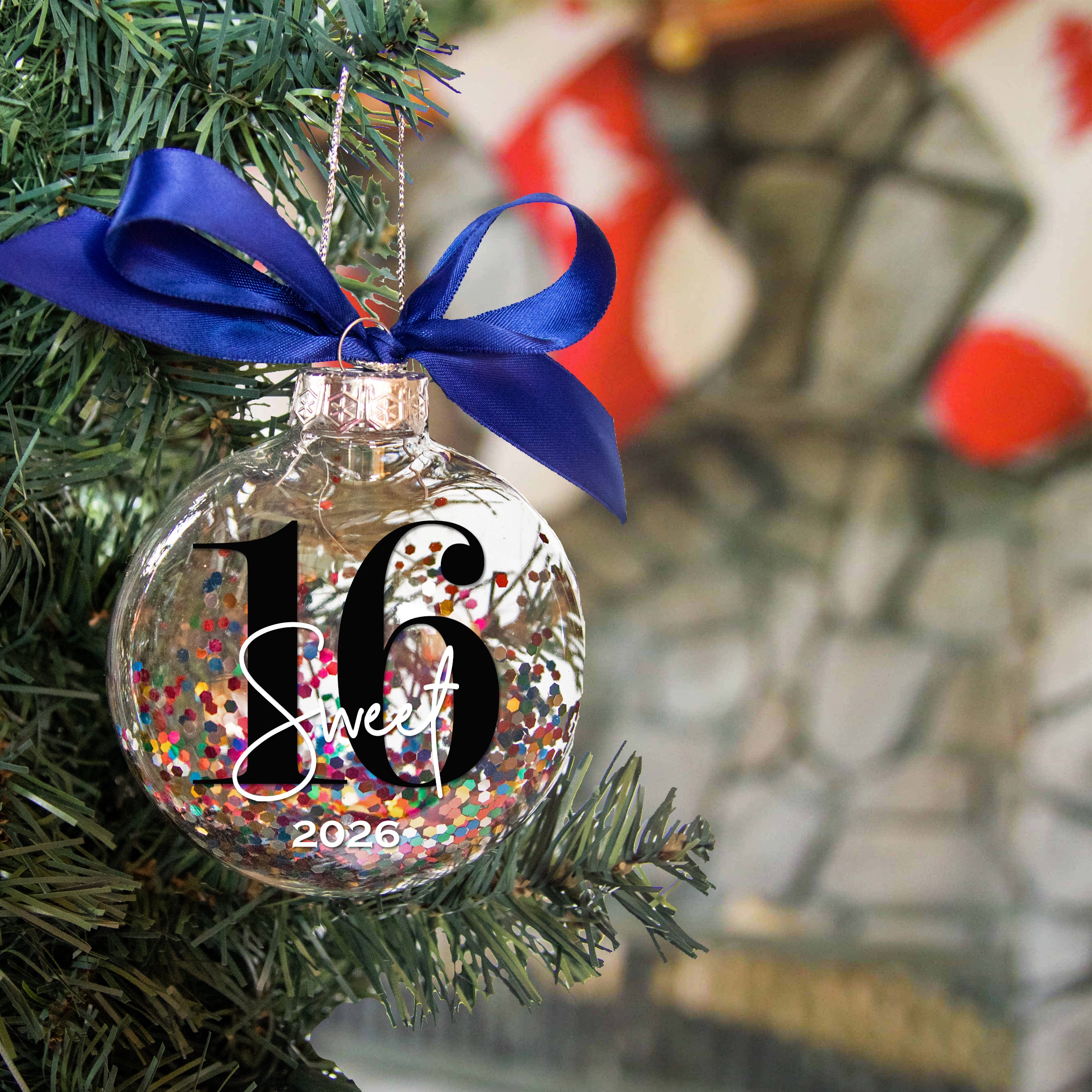 Personalized 16 Sweet Sixteen Birthday Christmas Ornament - Multi-colored Glitter Confetti Inside