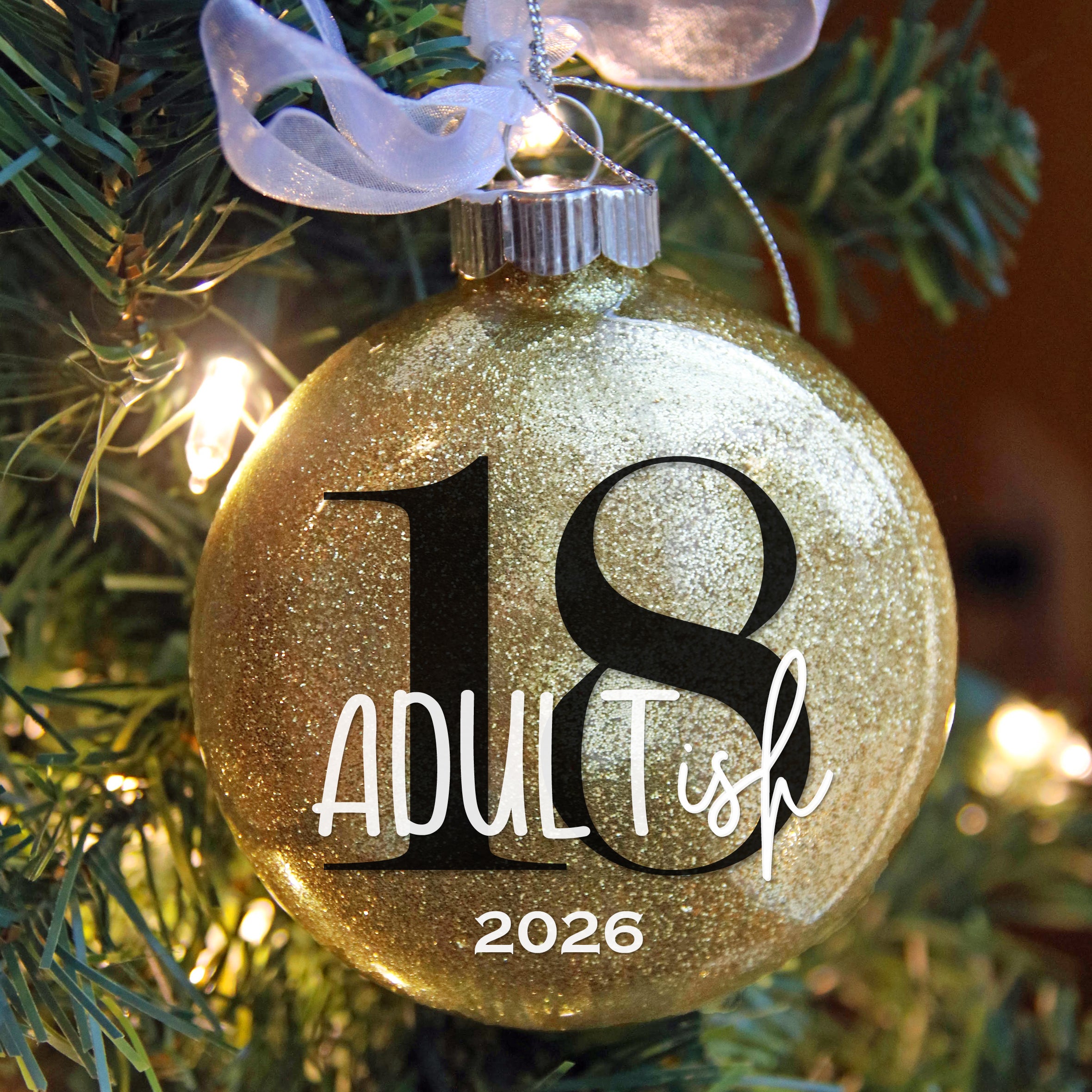 Personalized 18th Adultish Birthday Glitter Christmas Ornament - Custom Name & Year