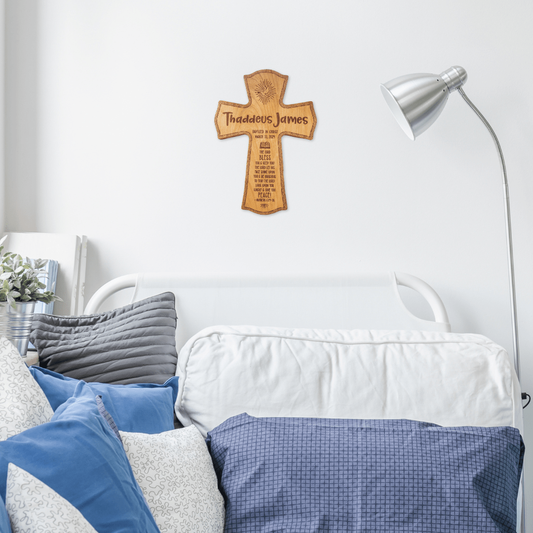 Baptism Personalized Wood Cross - Engraved Baby Name & Date - Firefly Wishes