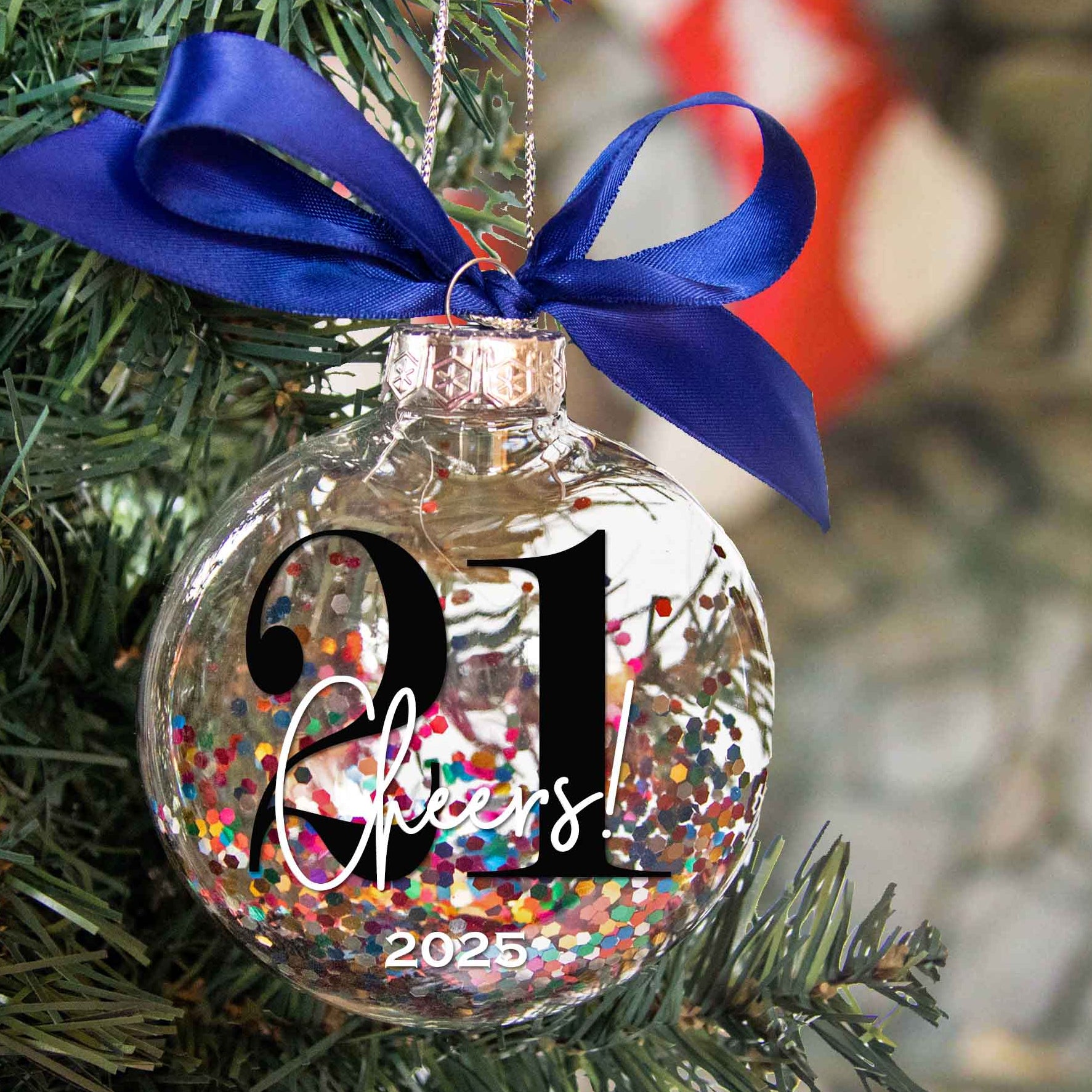 Personalized 21st Birthday Christmas Ornament - Multi-colored Glitter Confetti Inside