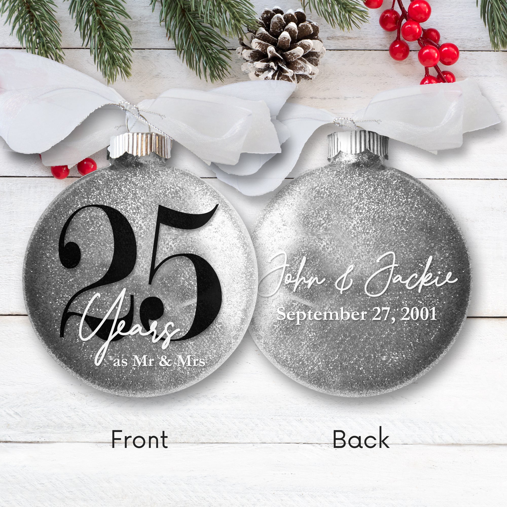 25th Wedding Anniversary Glitter Christmas Ornament