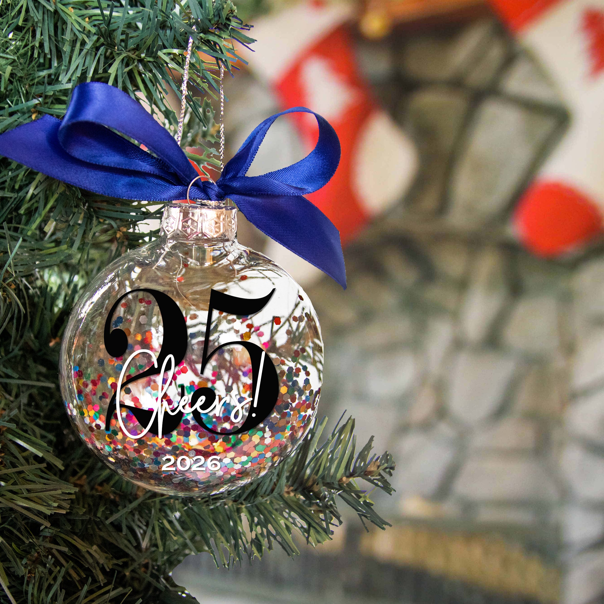 Personalized 25th Birthday Christmas Ornament - Multi-colored Glitter Confetti Inside