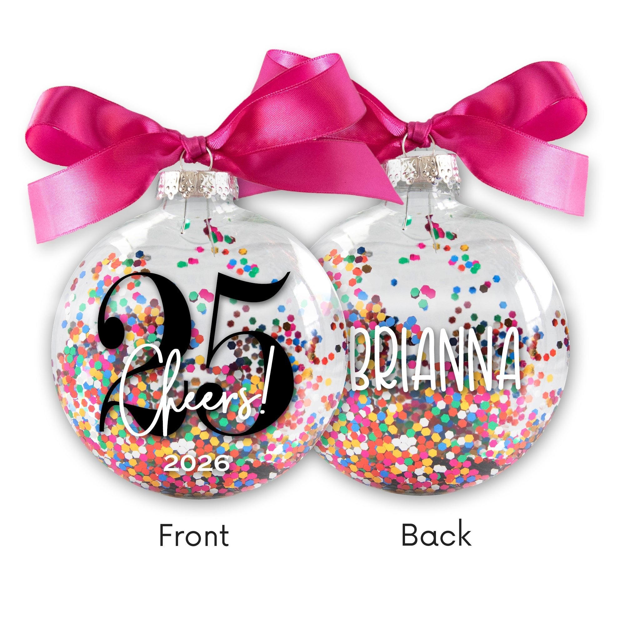 Personalized 25th Birthday Christmas Ornament - Multi-colored Glitter Confetti Inside - Firefly Wishes