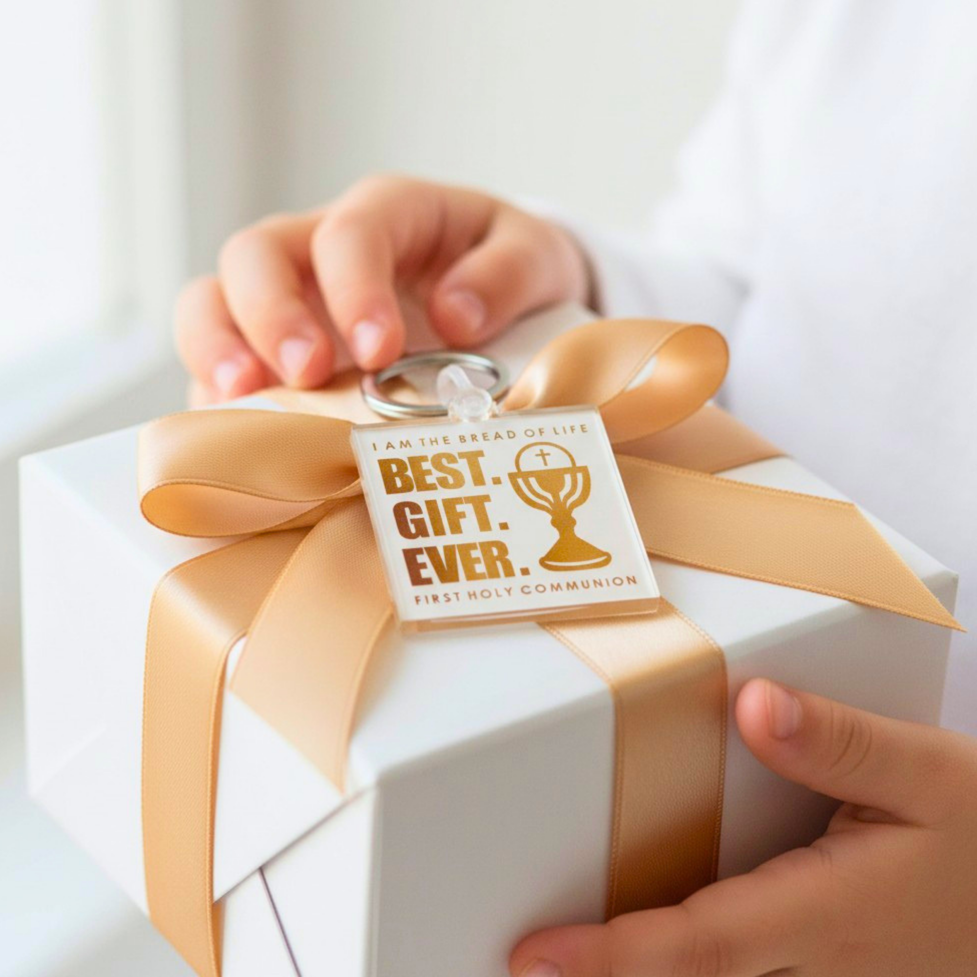Gift box with gold ribbon and 'Best Gift Ever' tag held by hands on a white background