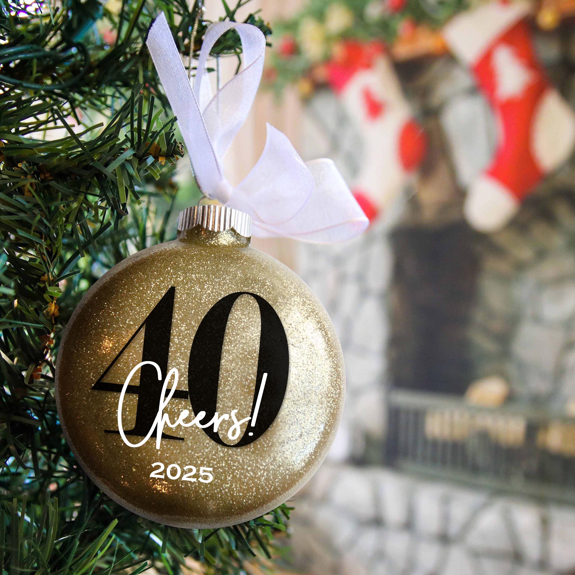 Personalized 40th Birthday Glitter Christmas Ornament - Custom Name & Year - Firefly Wishes