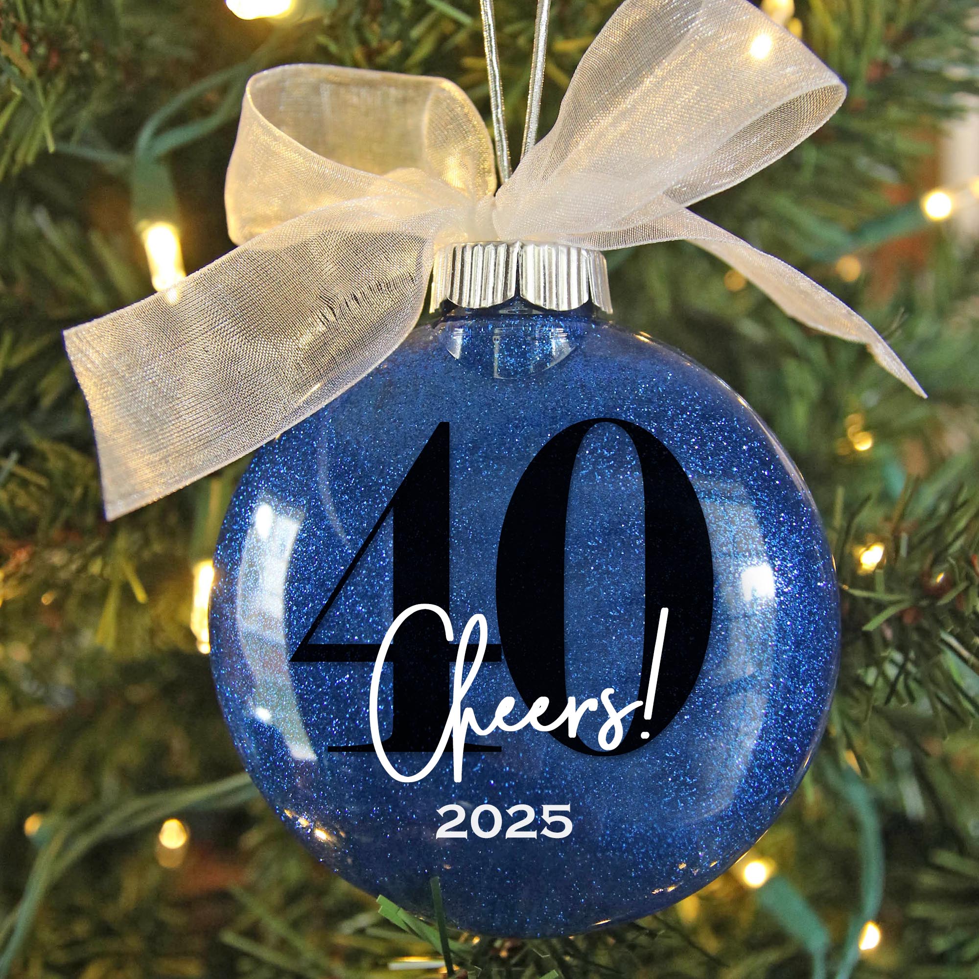Personalized 40th Birthday Glitter Christmas Ornament - Custom Name & Year - Firefly Wishes
