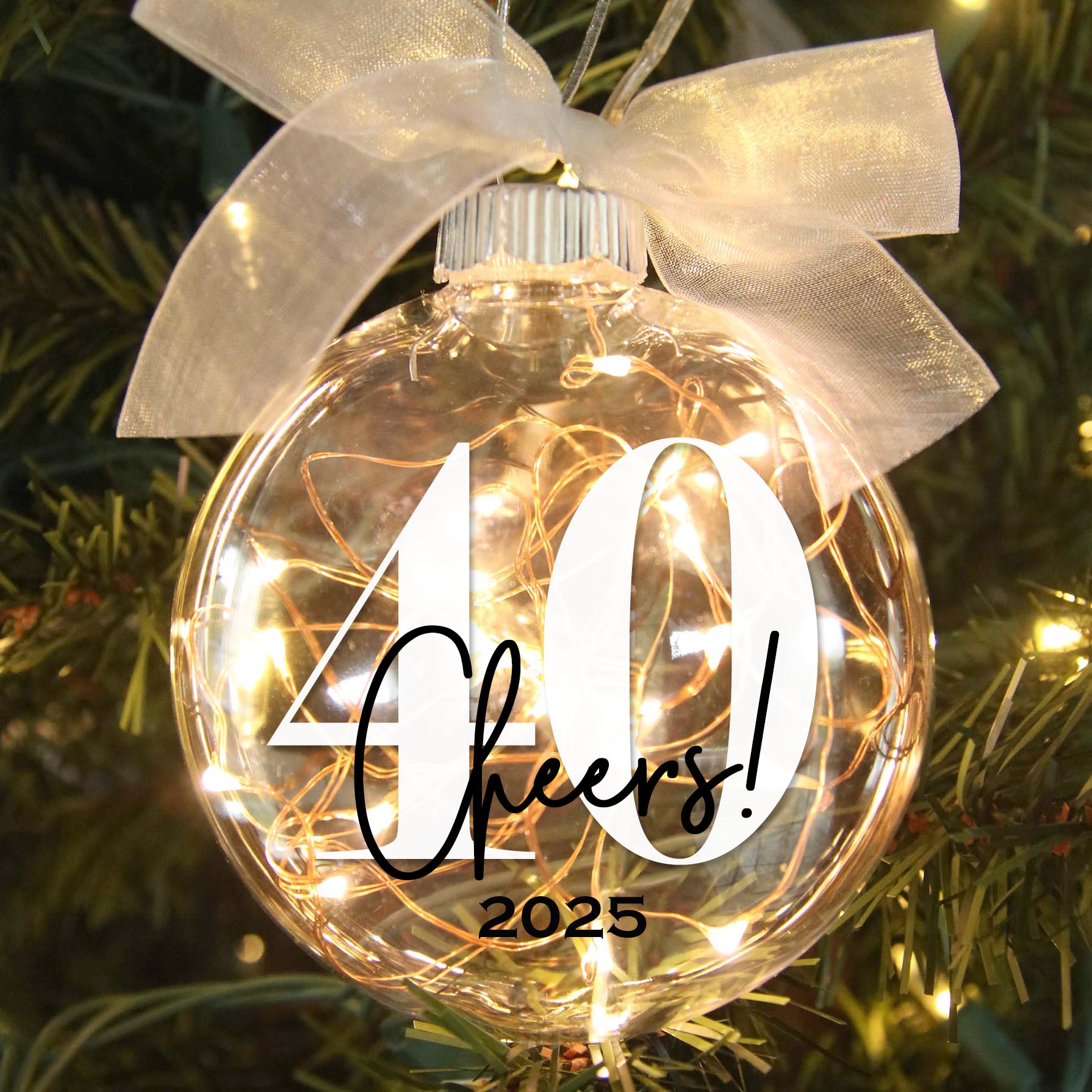 Personalized 40th Birthday Lighted Christmas Ornament - Cheers to Forty Years - Firefly Wishes
