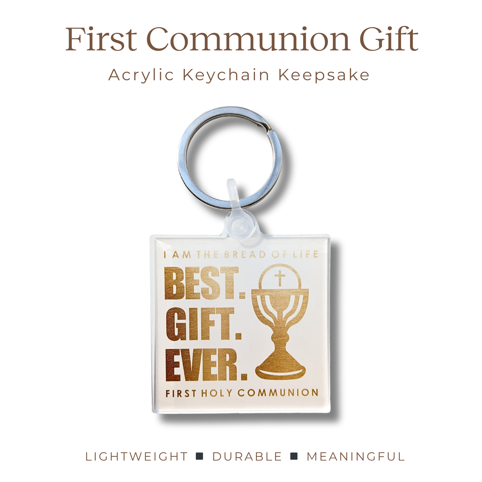 Acrylic keychain keepsake for First Communion with text and design on a white background