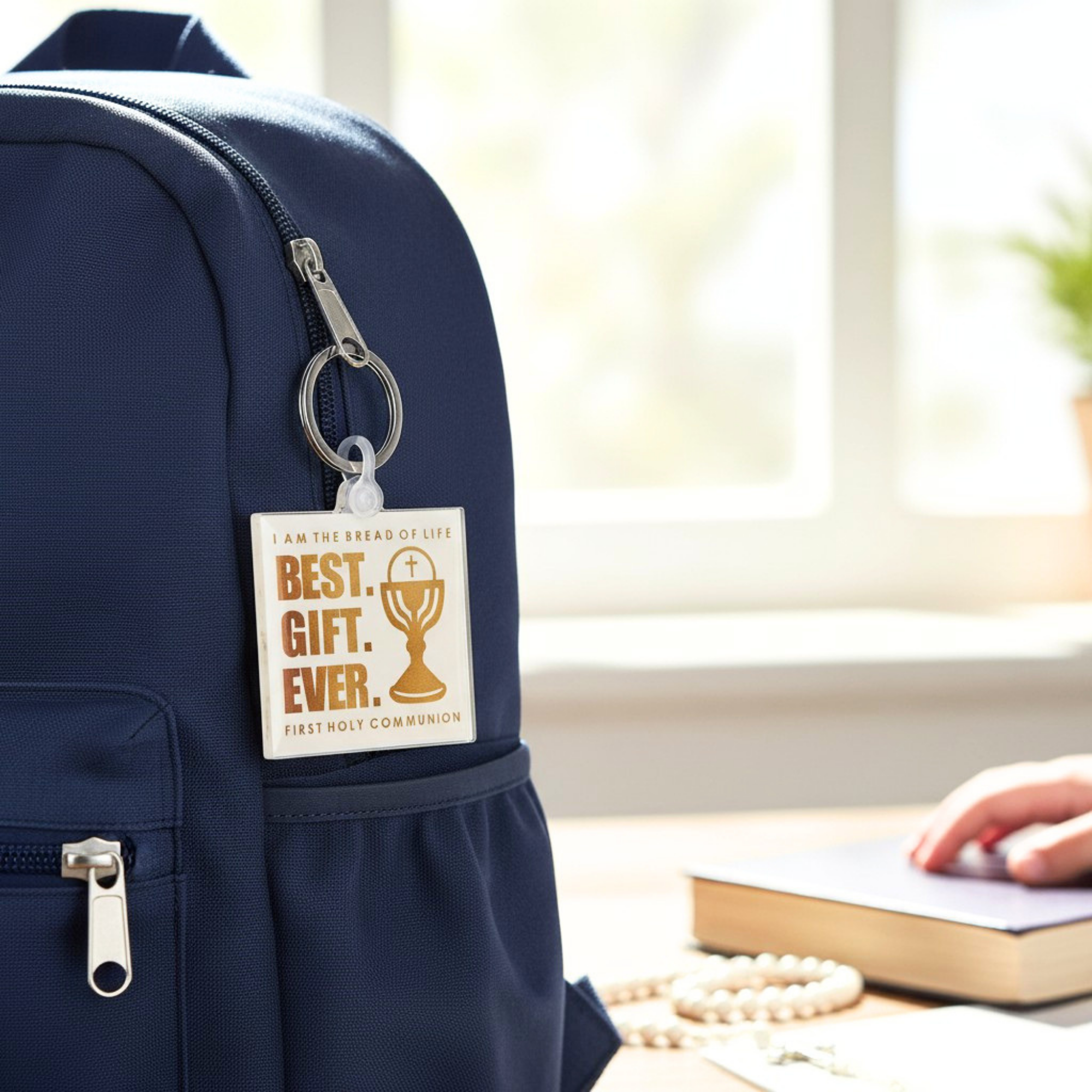 Navy blue backpack with a keychain and book on a desk