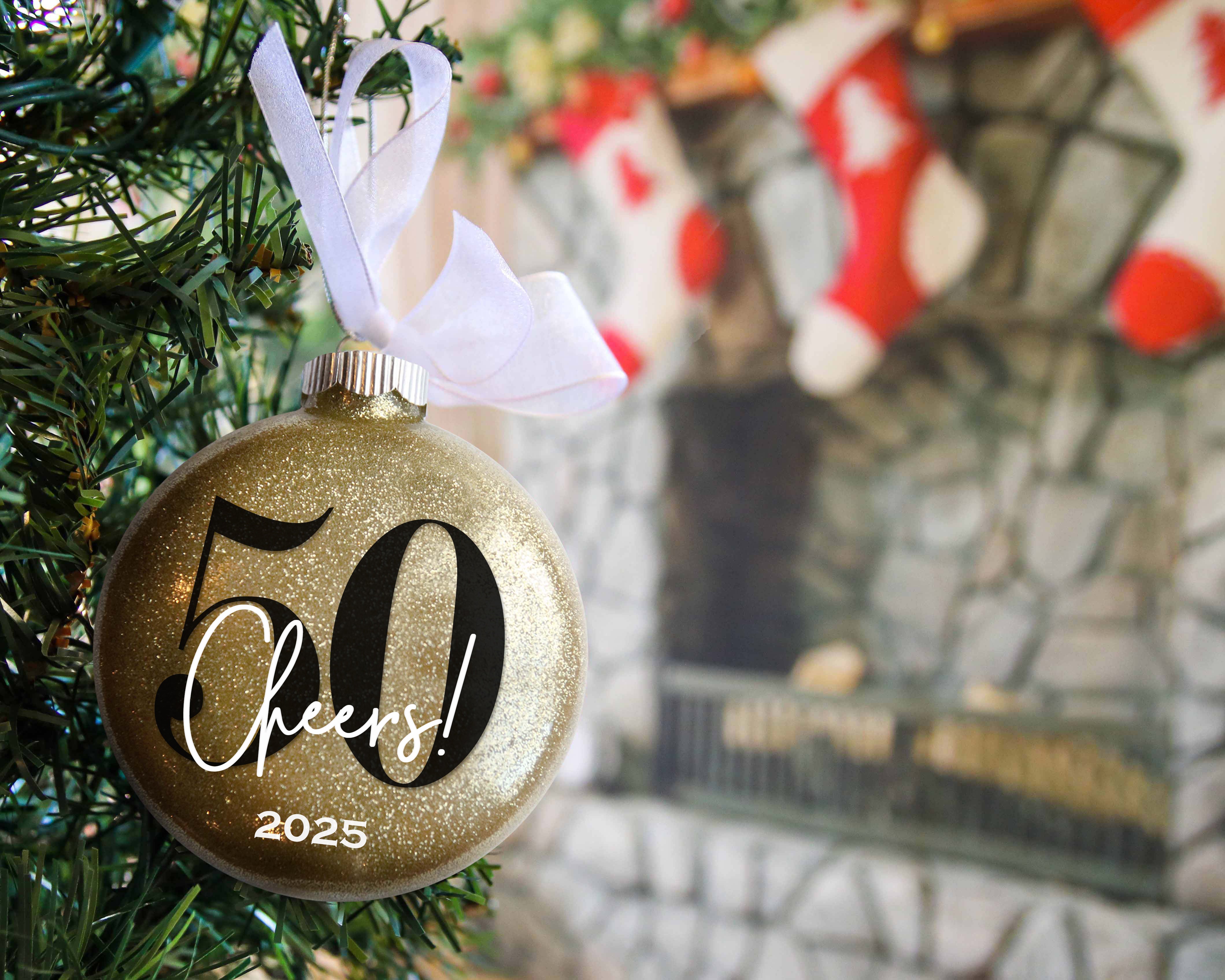 Personalized 50th Birthday Glitter Christmas Ornament - Custom Name & Year