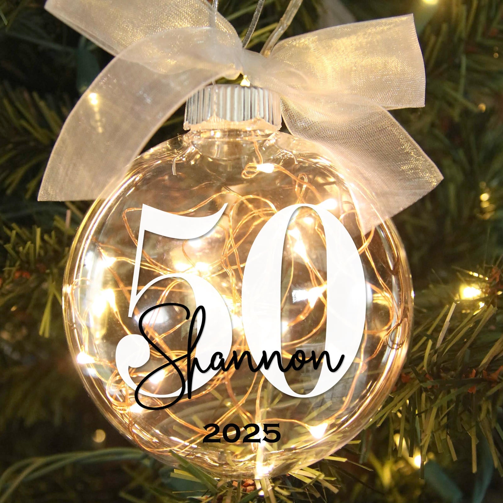 Personalized 50th birthday light up ornament - cheers to fifty years - in tree