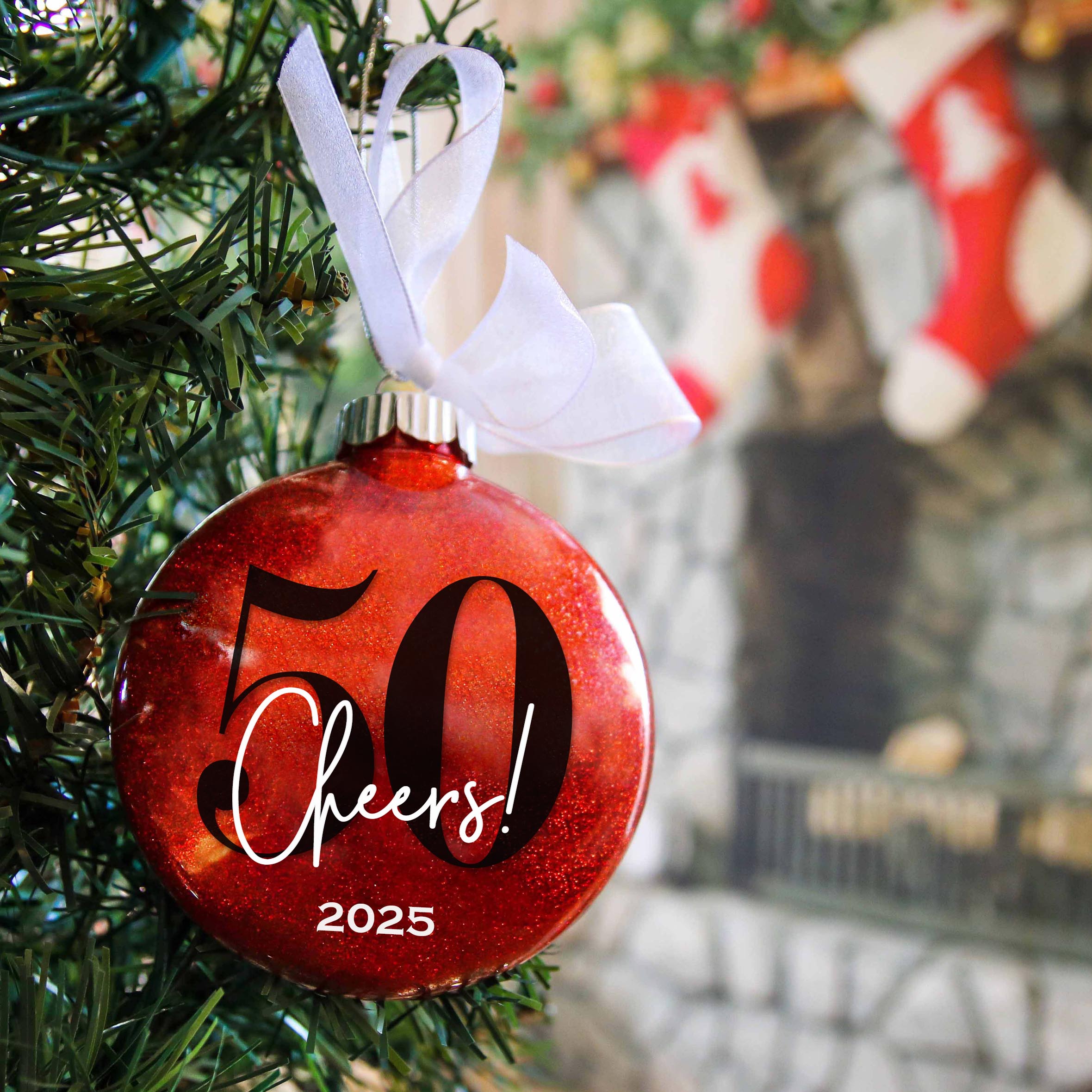 Personalized 50th Birthday Glitter Christmas Ornament - Custom Name & Year - Firefly Wishes