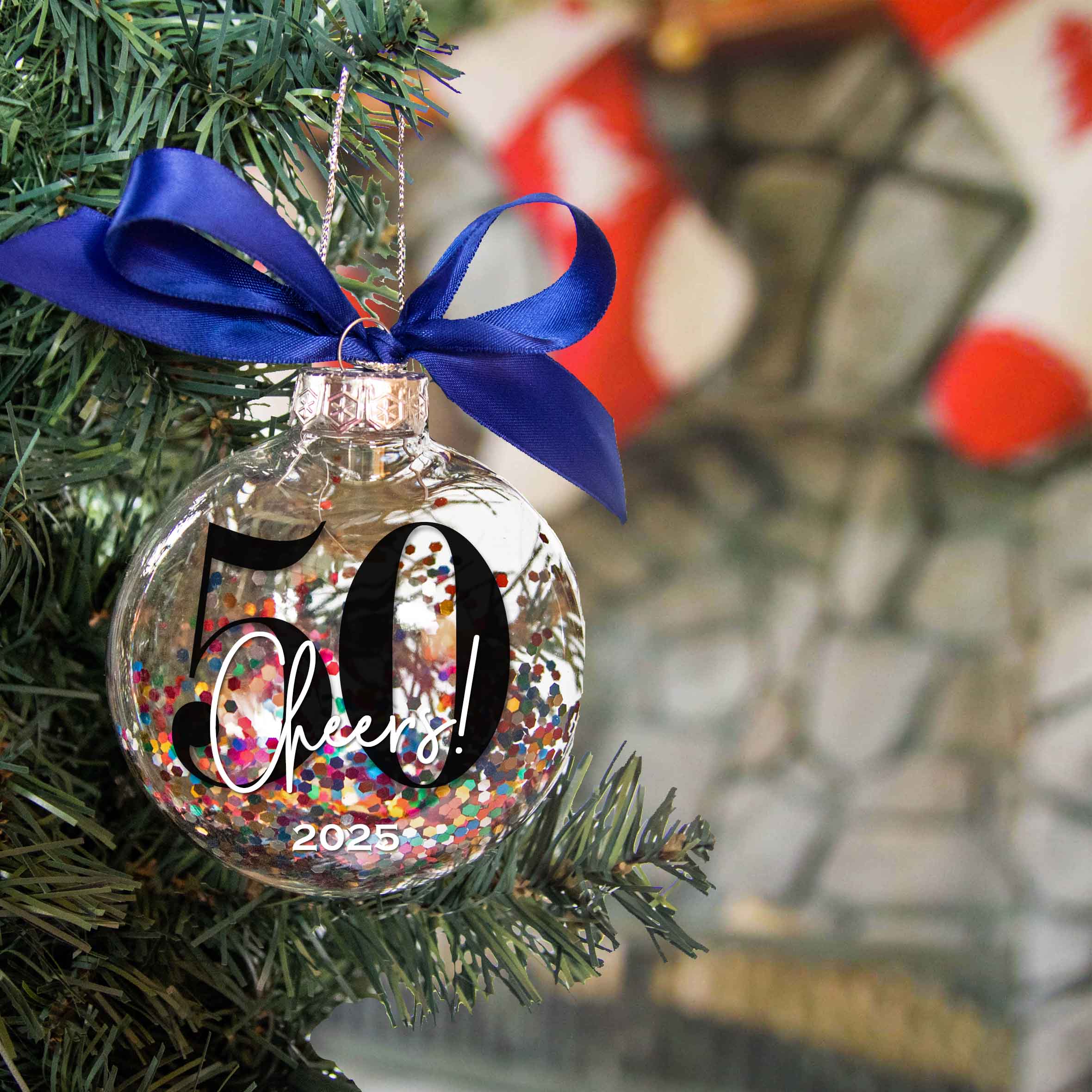 Personalized 50th Birthday Confetti Christmas Ornament - Multi-colored Glitter Confetti Inside - Firefly Wishes
