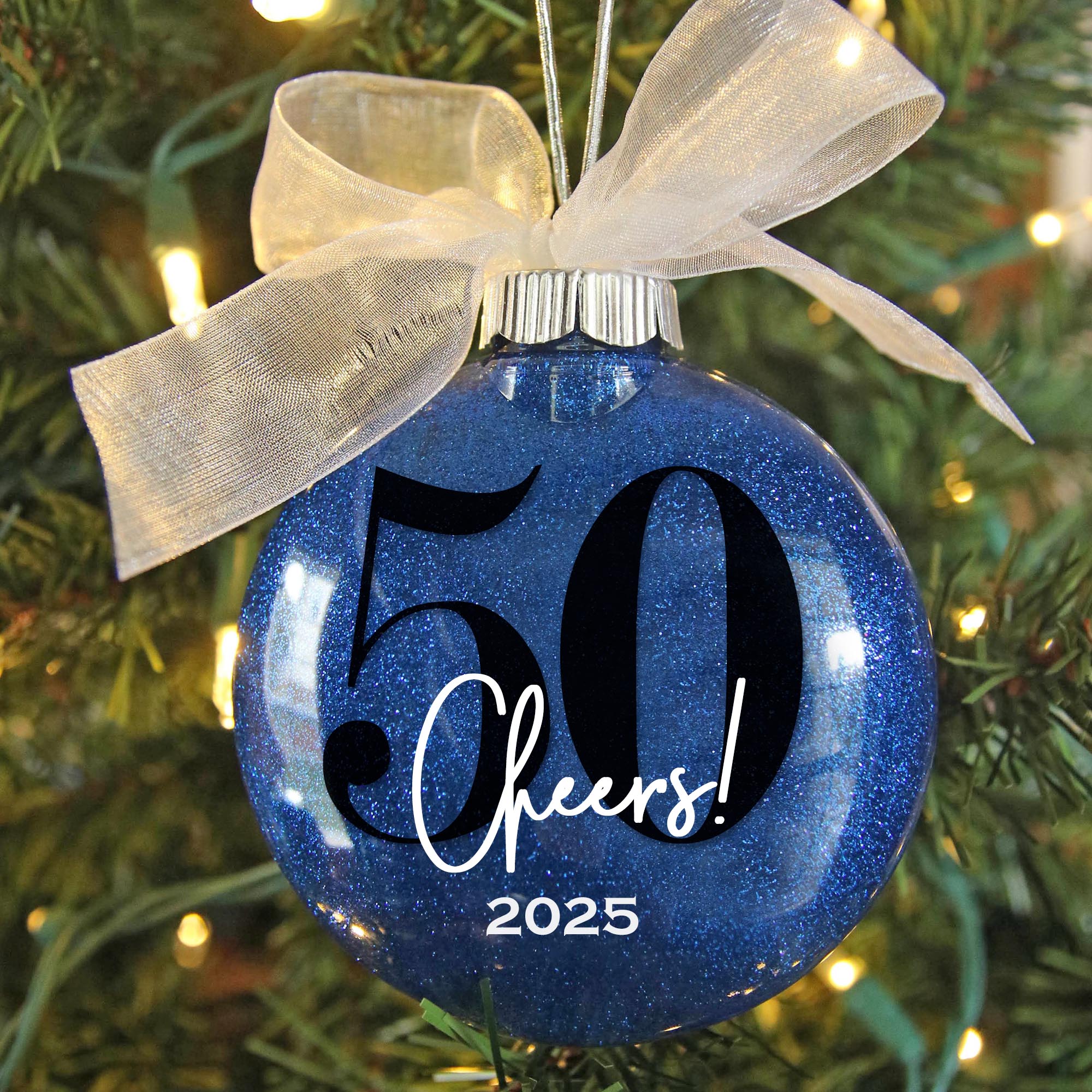 Personalized 50th Birthday Glitter Christmas Ornament - Custom Name & Year - Firefly Wishes