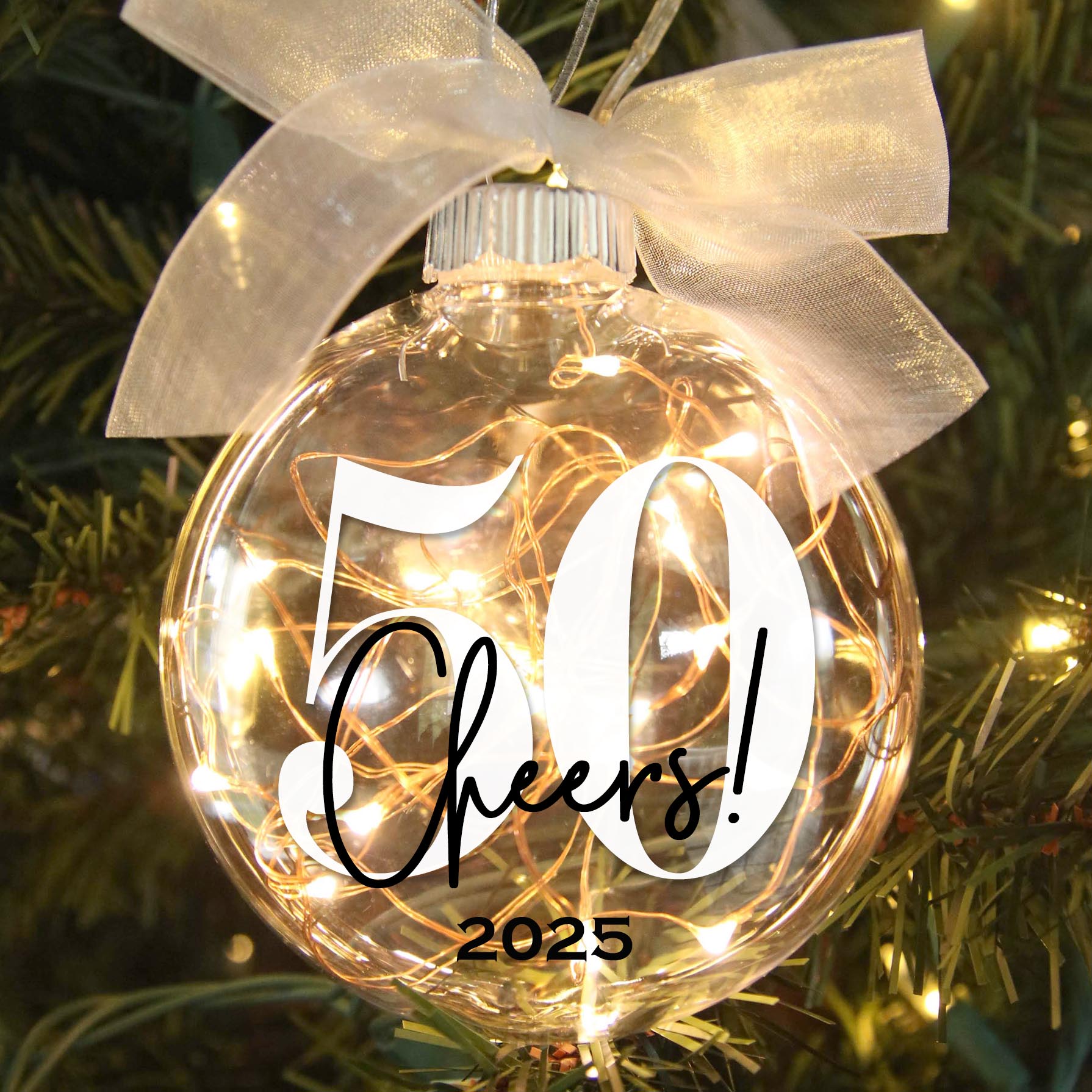 Personalized 50th Birthday Lighted Christmas Ornament - Cheers to Fifty Years - Firefly Wishes