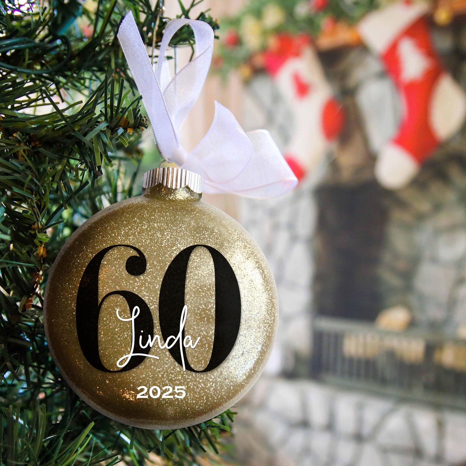 Personalized 60th birthday Christmas ornament in gold glitter