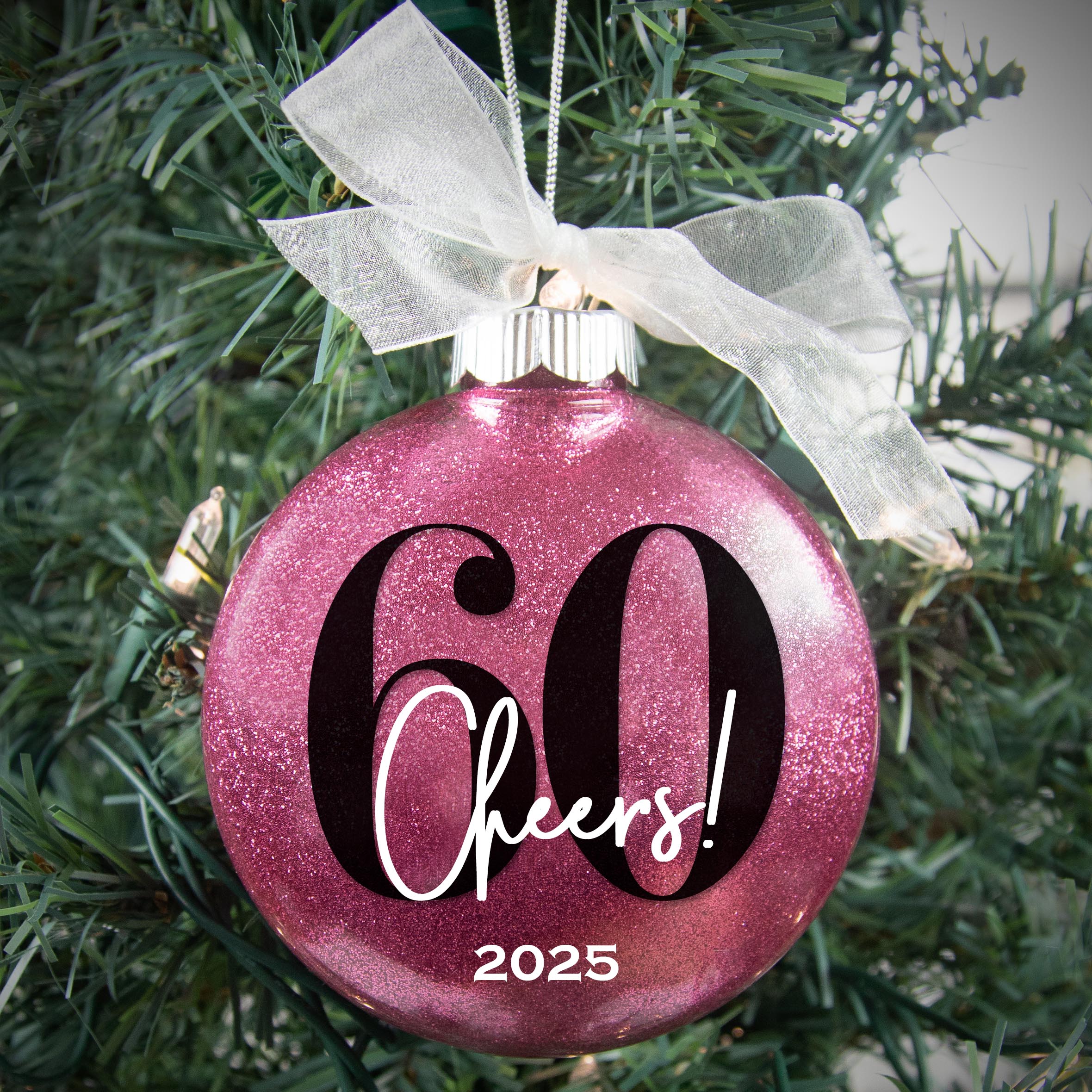 Personalized 60th Birthday Glitter Christmas Ornament - Custom Name & Year - Firefly Wishes