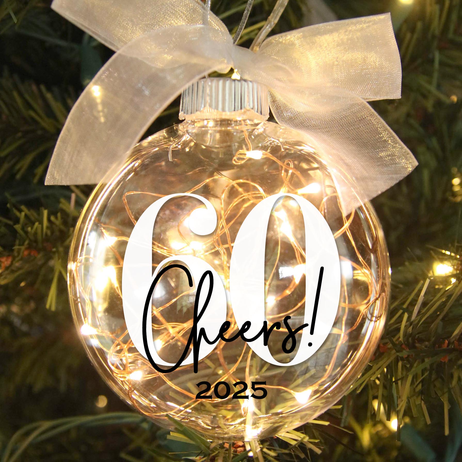 Personalized 60th Birthday Lighted Christmas Ornament - Cheers to Sixty Years - Firefly Wishes