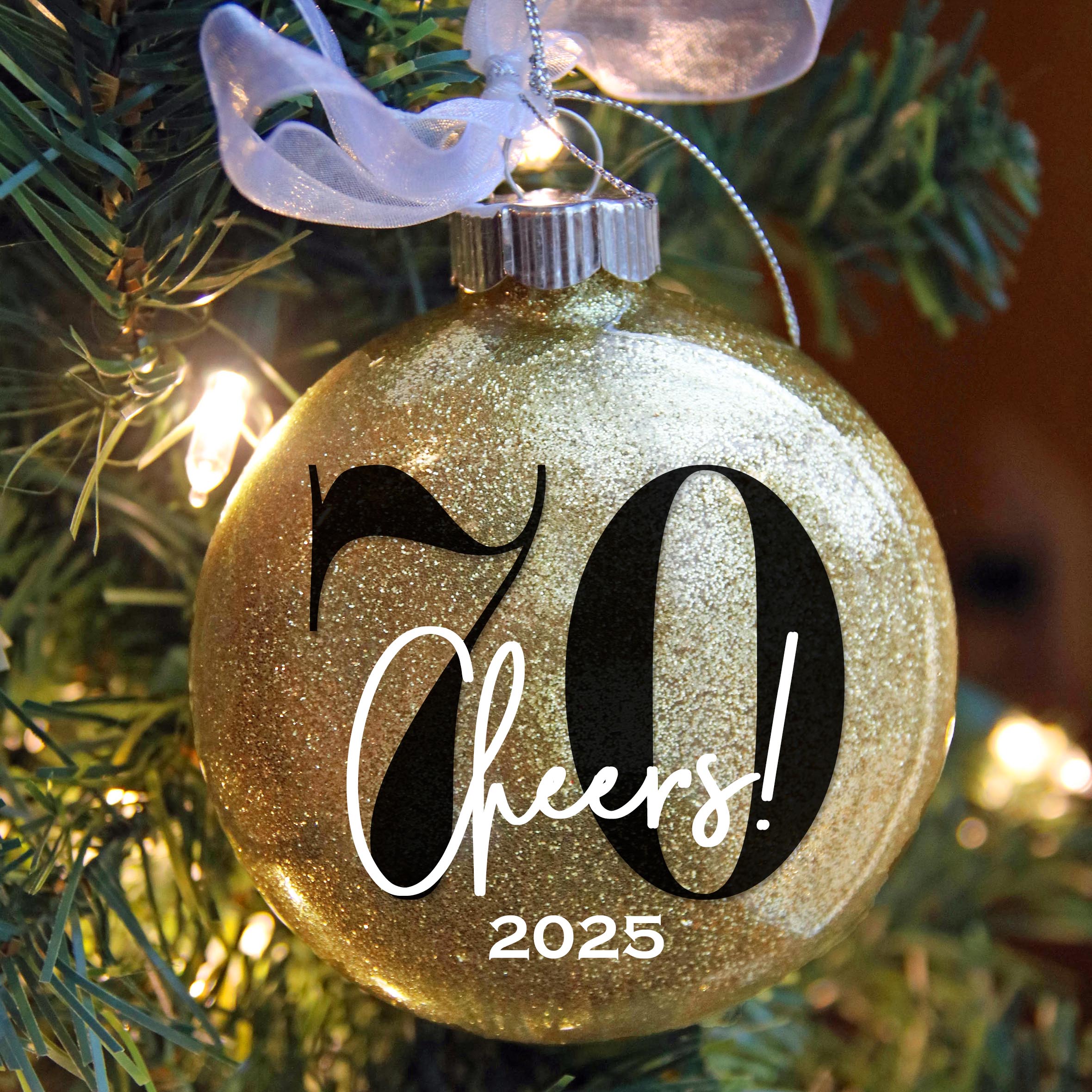 Personalized 70th Birthday Glitter Christmas Ornament - Custom Name & Year - Firefly Wishes