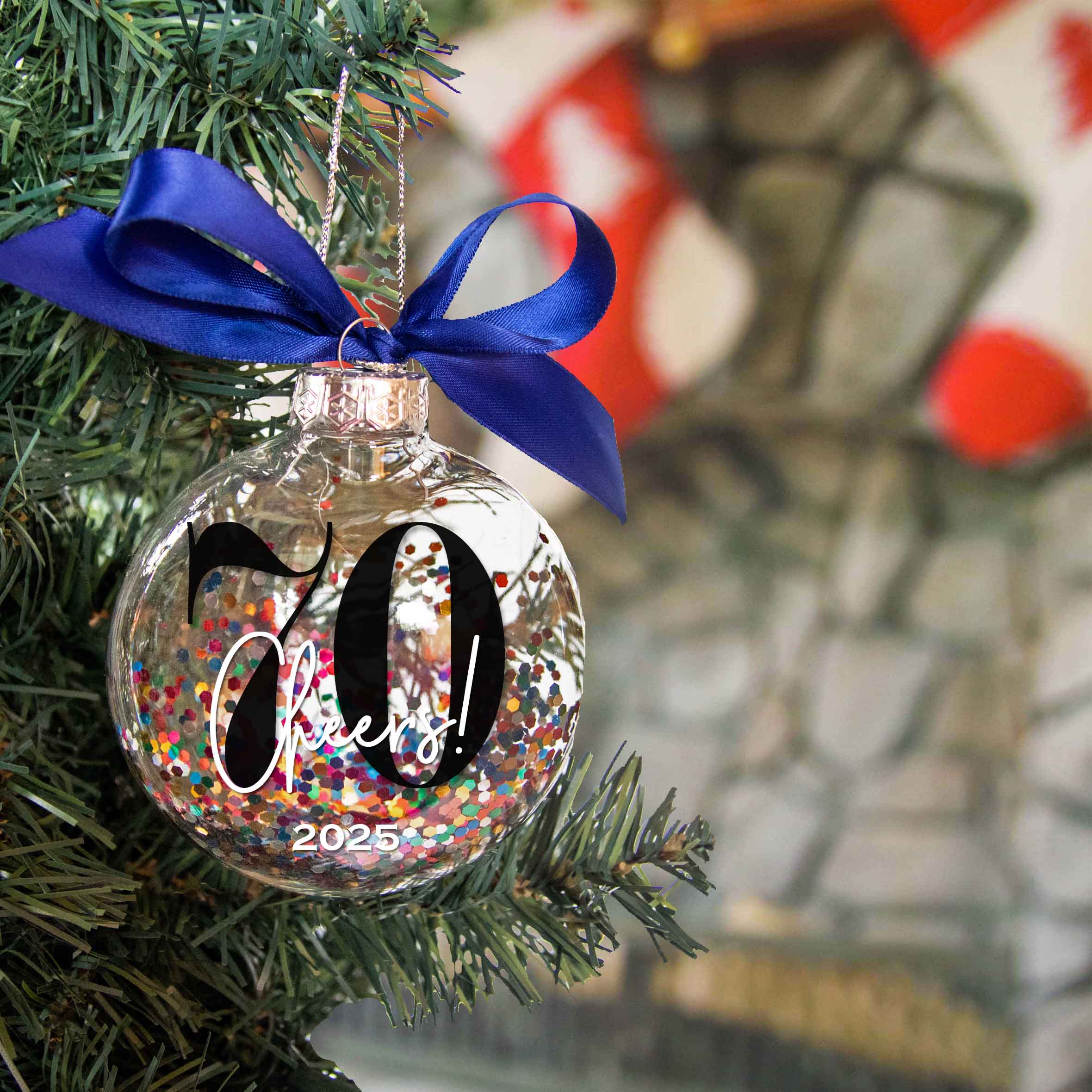 Personalized 70th Birthday Confetti Christmas Ornament - Multi-colored Glitter Confetti Inside - Firefly Wishes