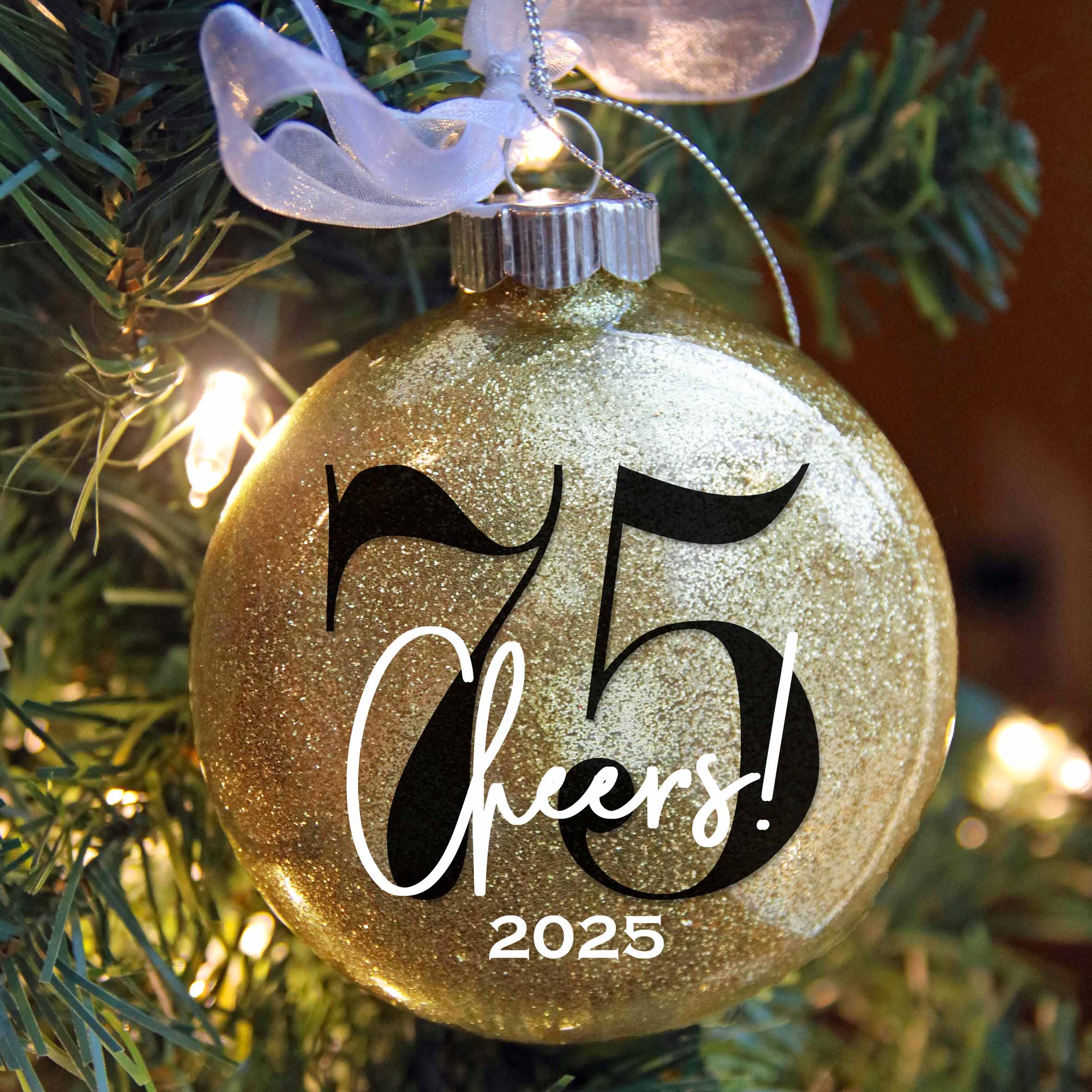 Personalized 75th Birthday Glitter Christmas Ornament - Custom Name & Year - Firefly Wishes