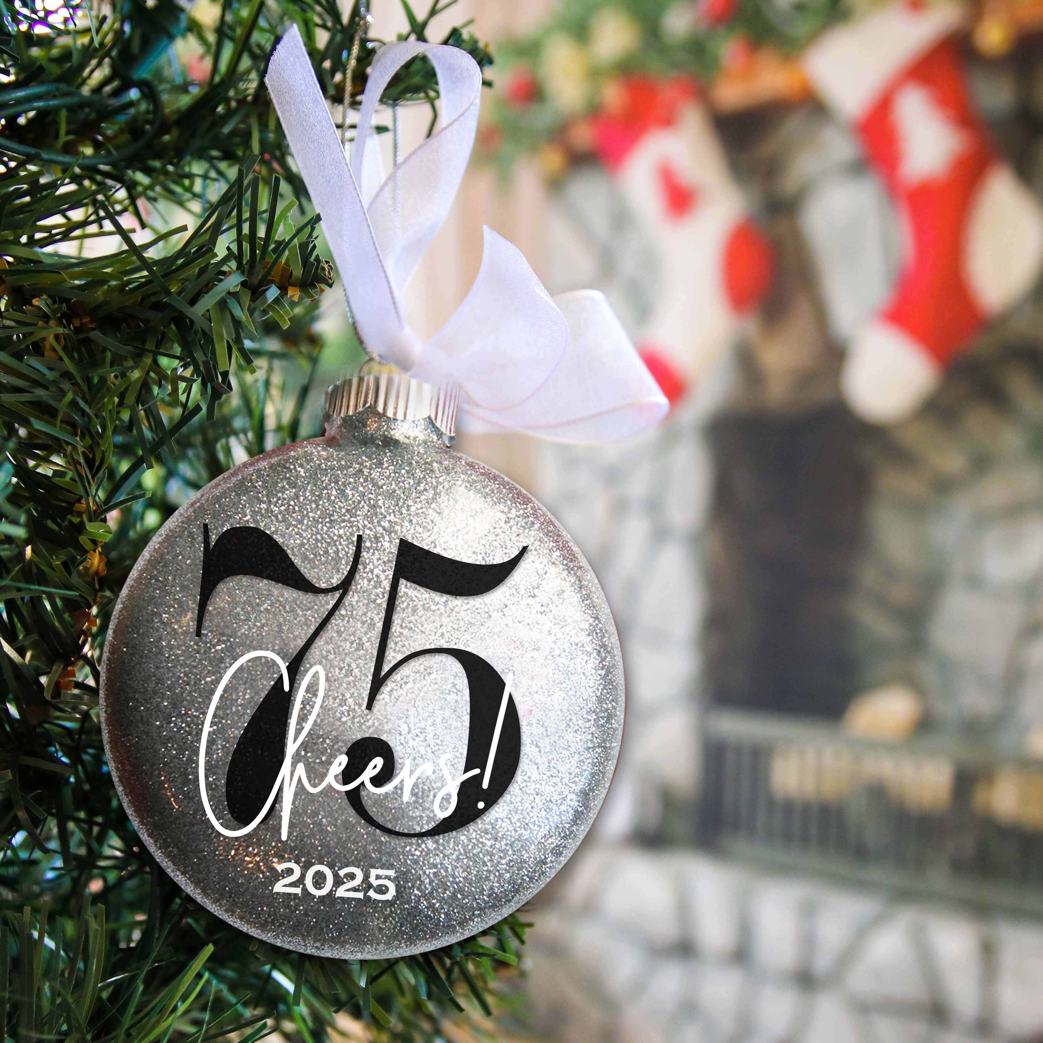 Personalized 75th Birthday Glitter Christmas Ornament - Custom Name & Year - Firefly Wishes