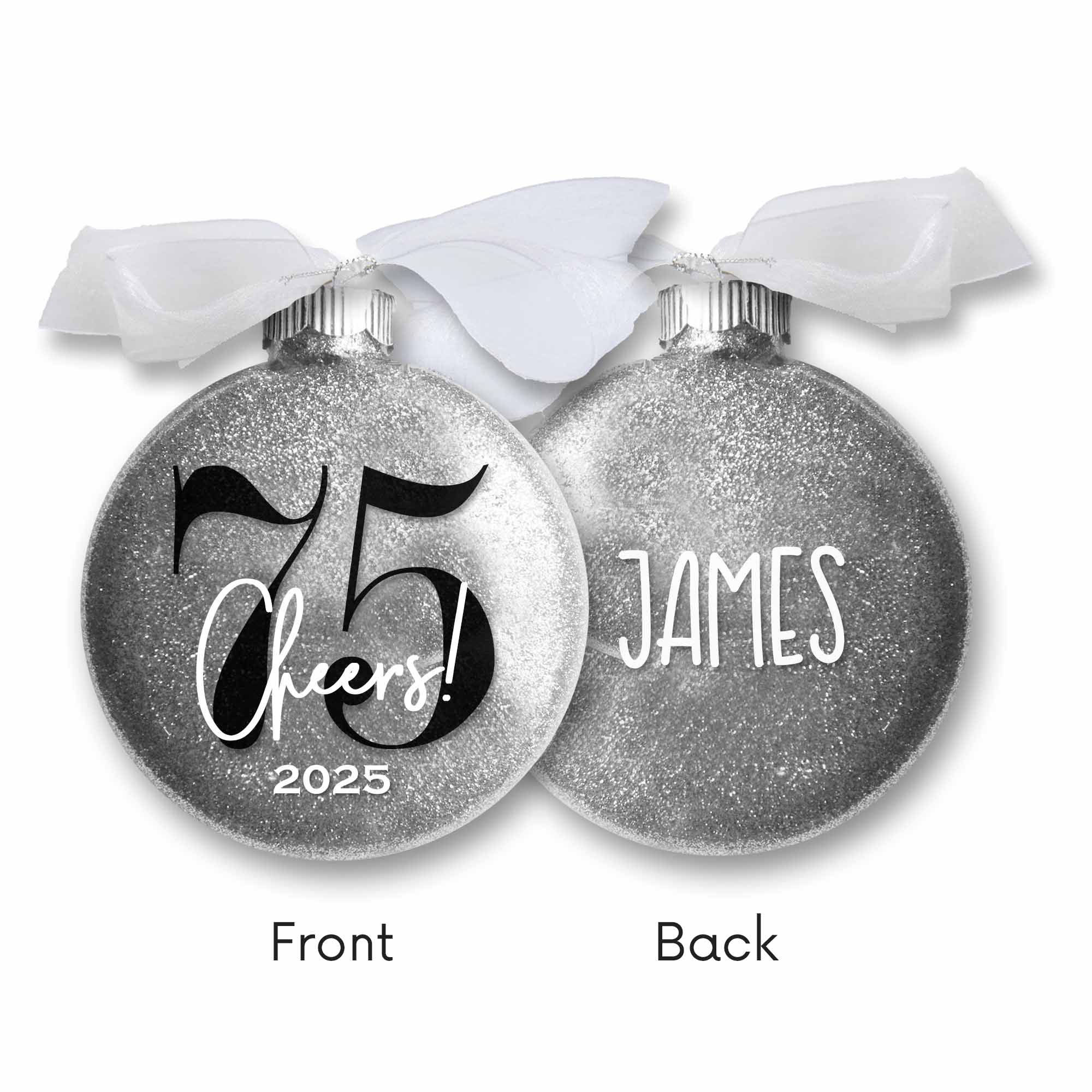 Personalized 75th Birthday Glitter Christmas Ornament - Custom Name & Year - Firefly Wishes