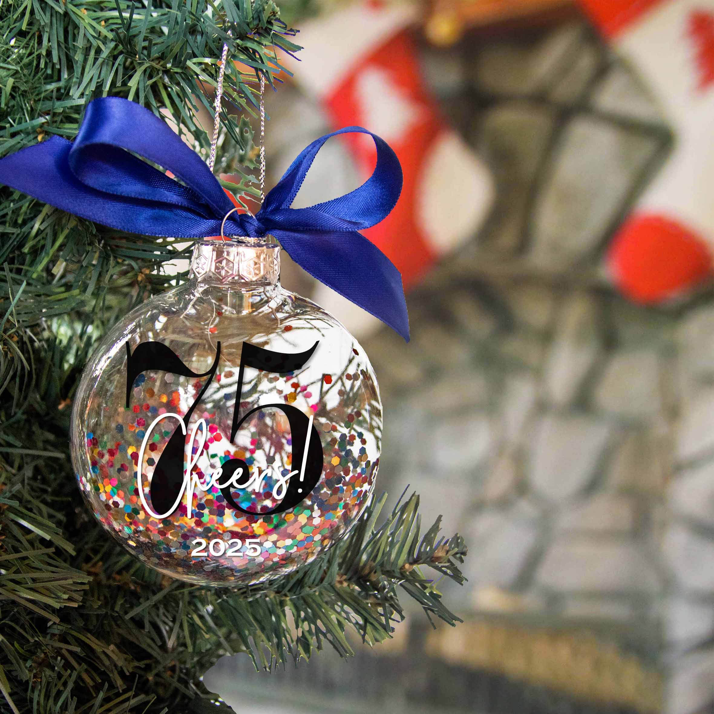 Personalized 75th Birthday Confetti Christmas Ornament - Multi-colored Glitter Confetti Inside - Firefly Wishes