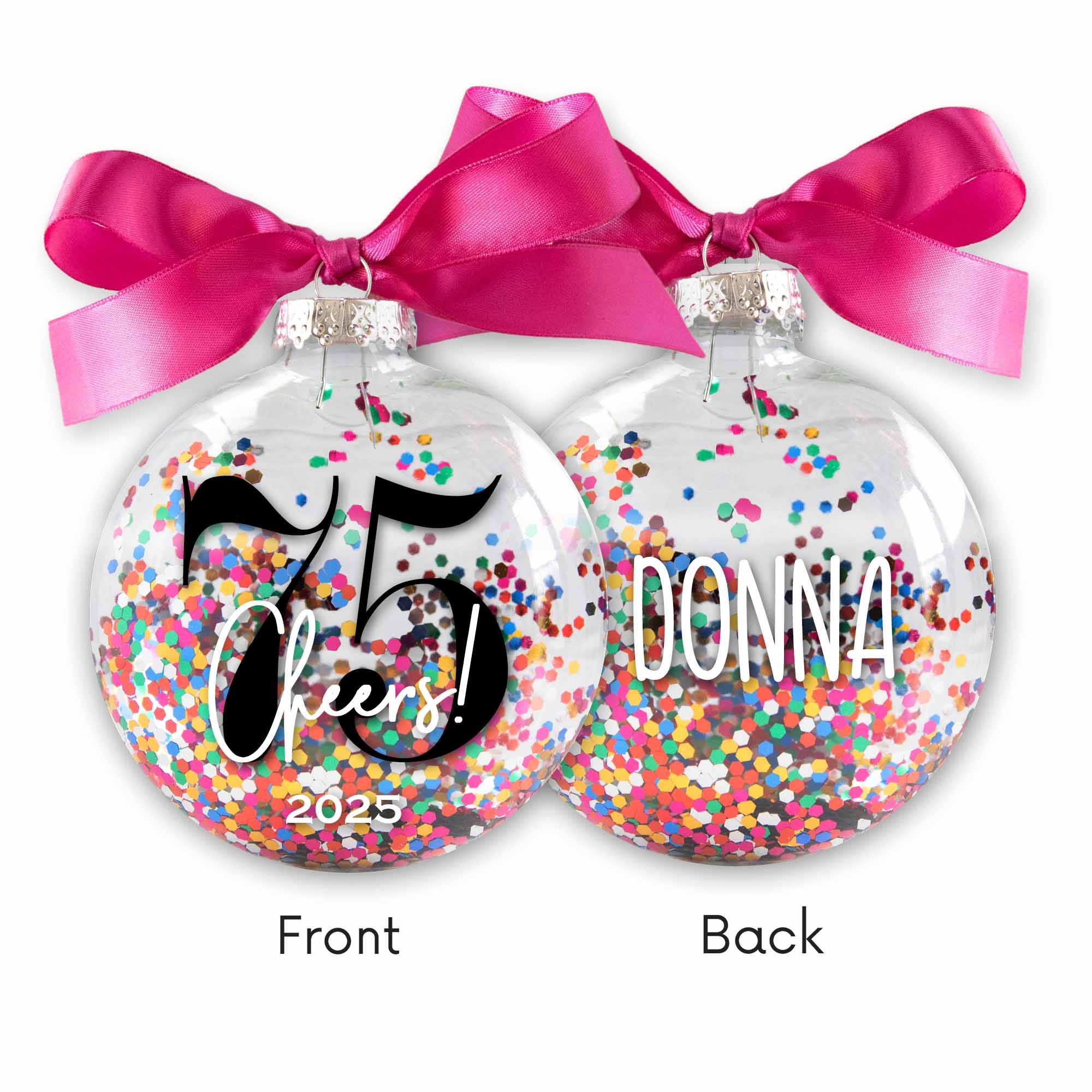 Personalized 75th Birthday Confetti Christmas Ornament - Multi-colored Glitter Confetti Inside - Firefly Wishes