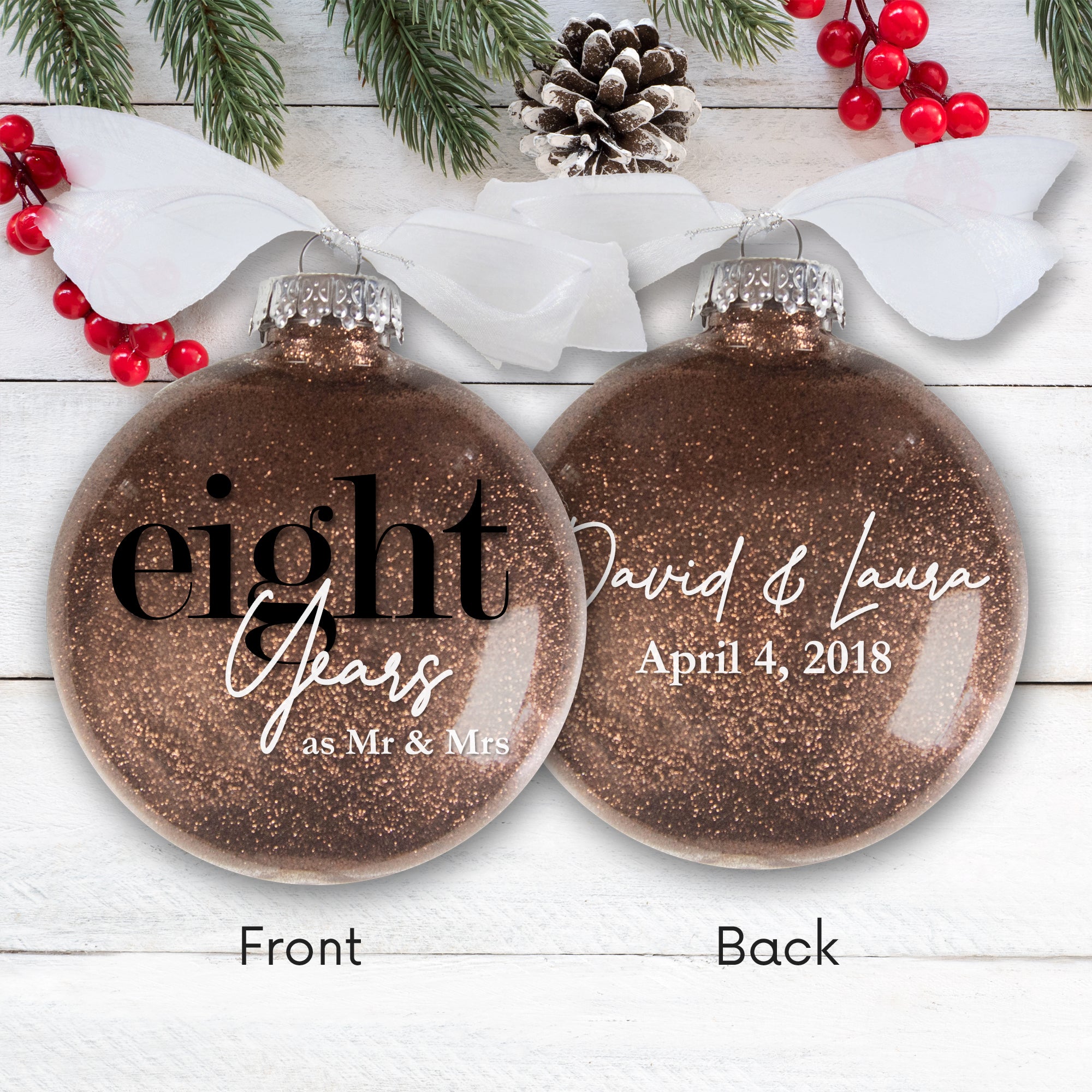 8th Wedding Anniversary Glitter Christmas Ornament