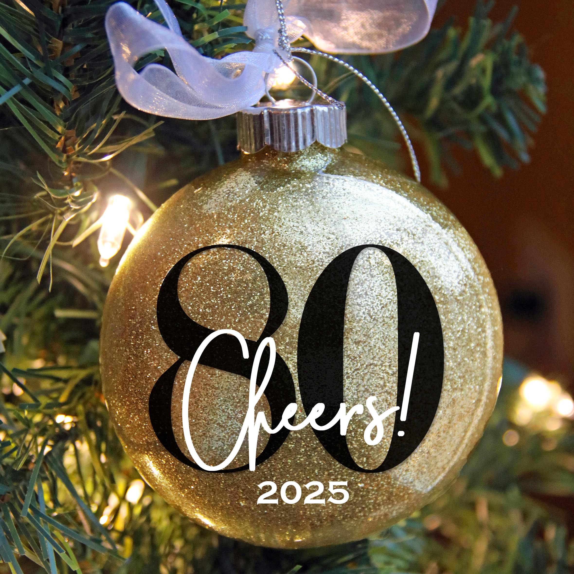 Personalized 80th Birthday Glitter Christmas Ornament - Custom Name & Year - Firefly Wishes