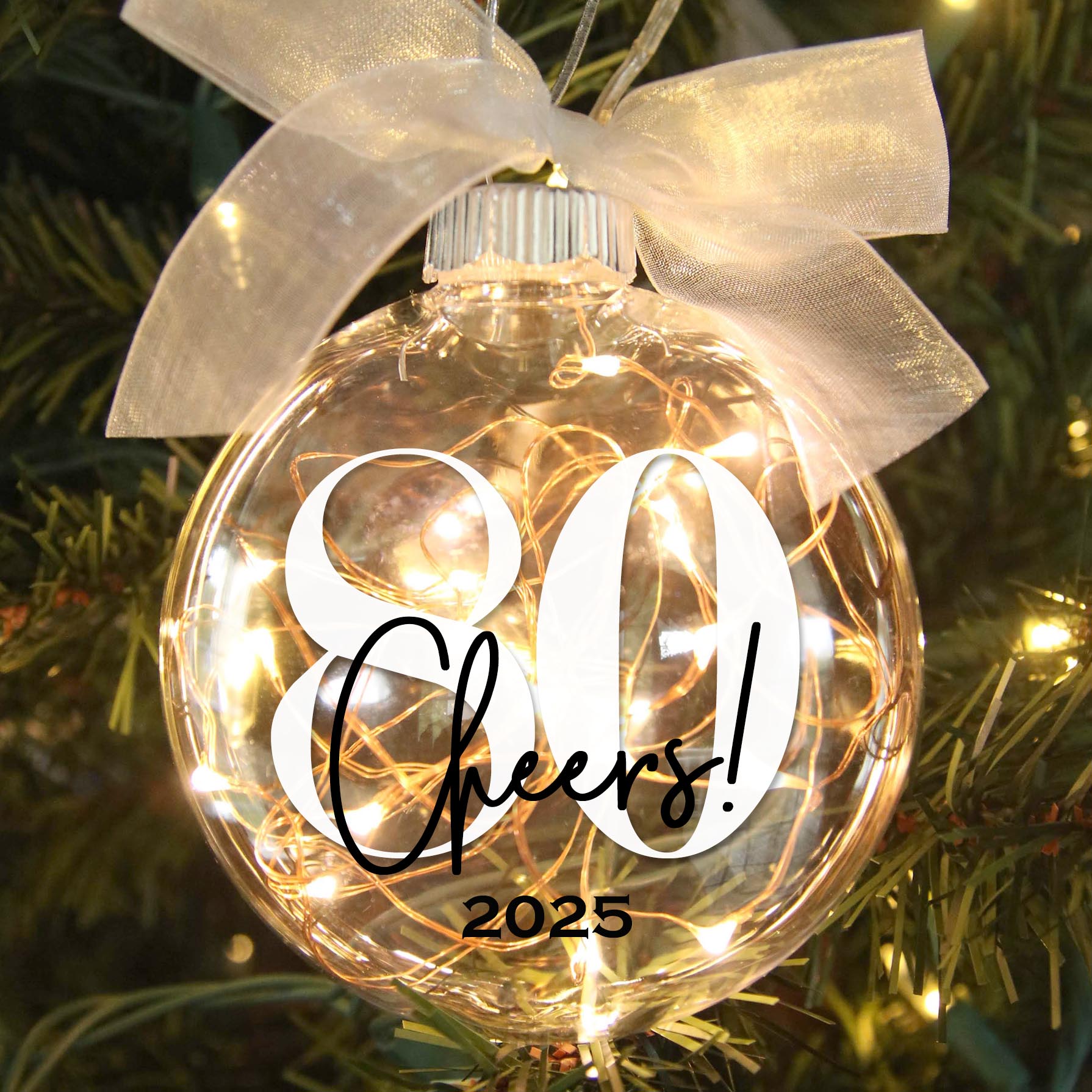 Personalized 80th Birthday Lighted Christmas Ornament - Cheers to Eighty Years - Firefly Wishes