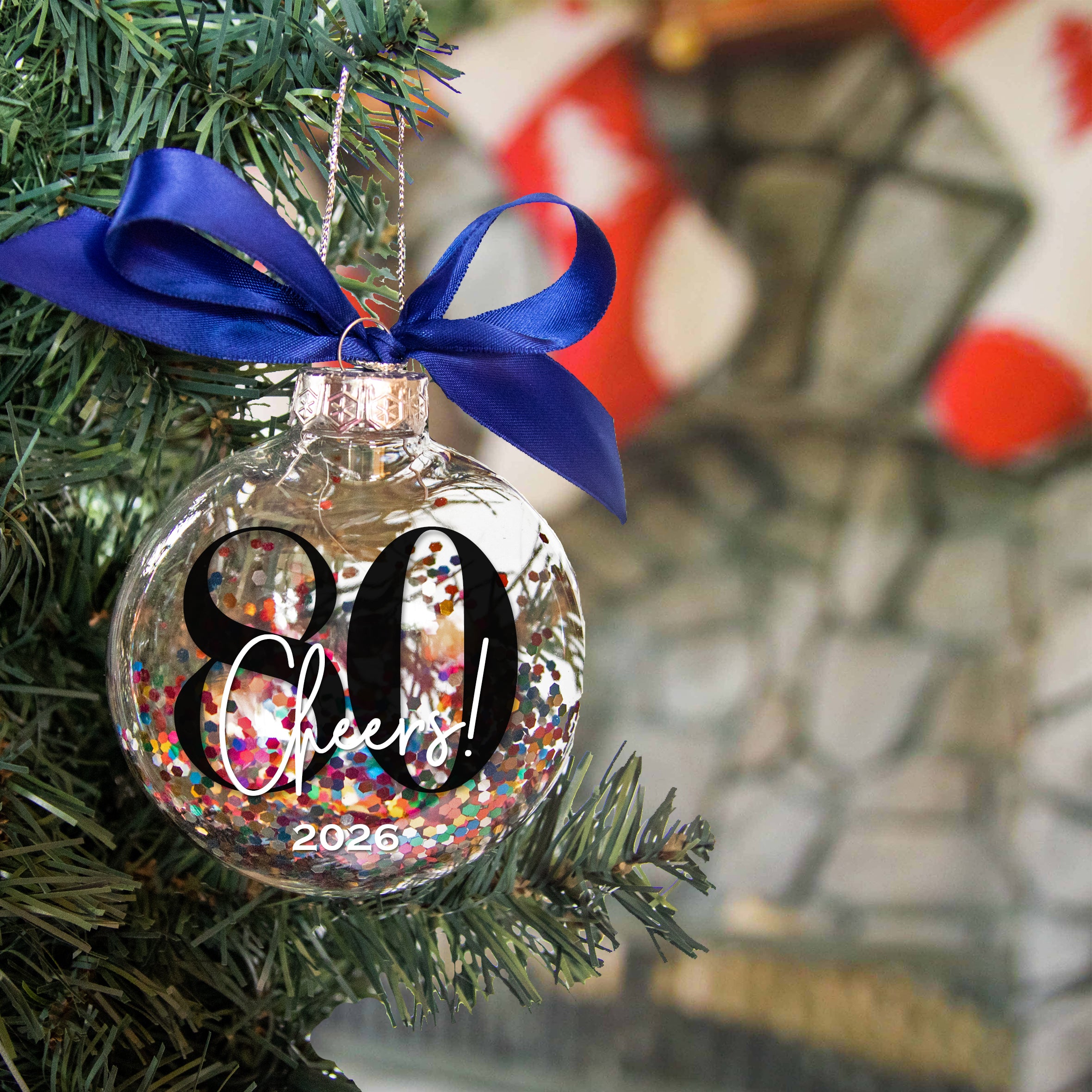 Personalized 80th Birthday Confetti Christmas Ornament - Multi-colored Glitter Confetti Inside