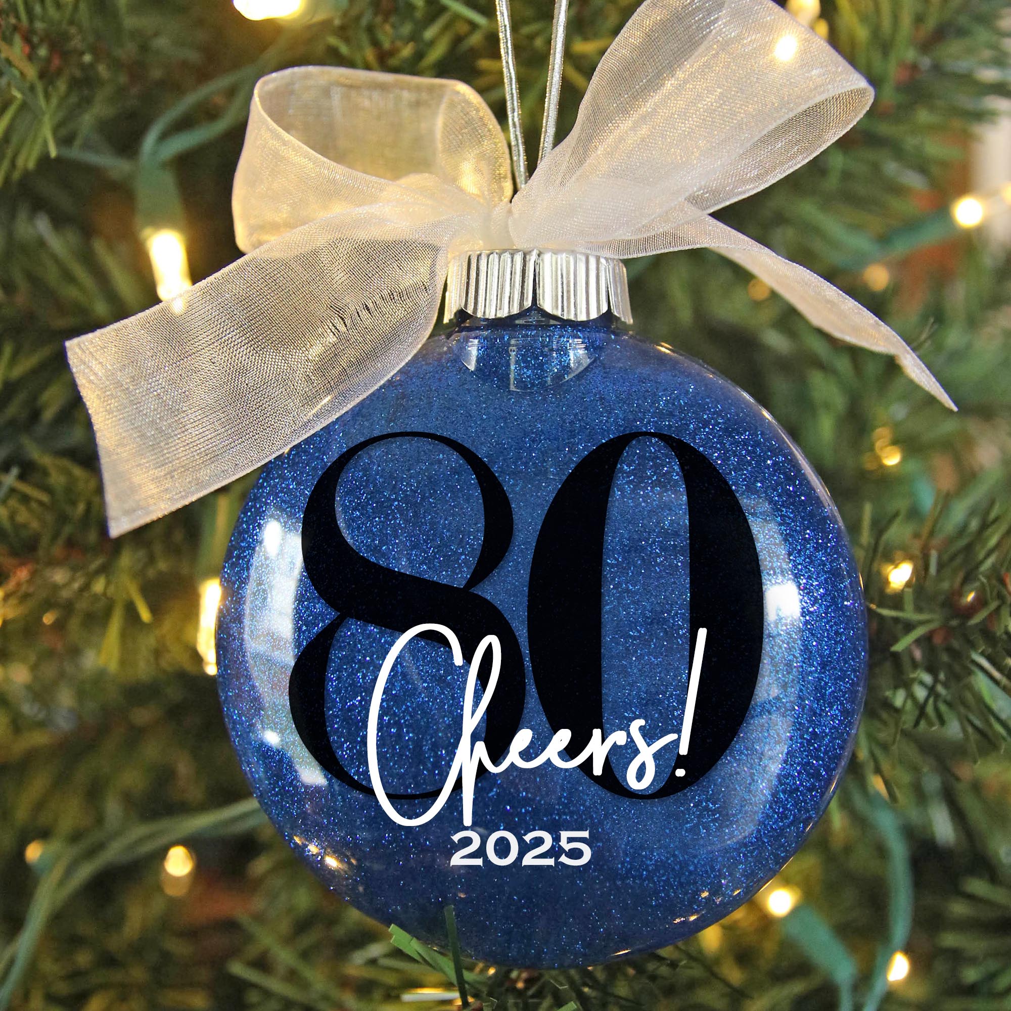 Personalized 80th Birthday Glitter Christmas Ornament - Custom Name & Year - Firefly Wishes