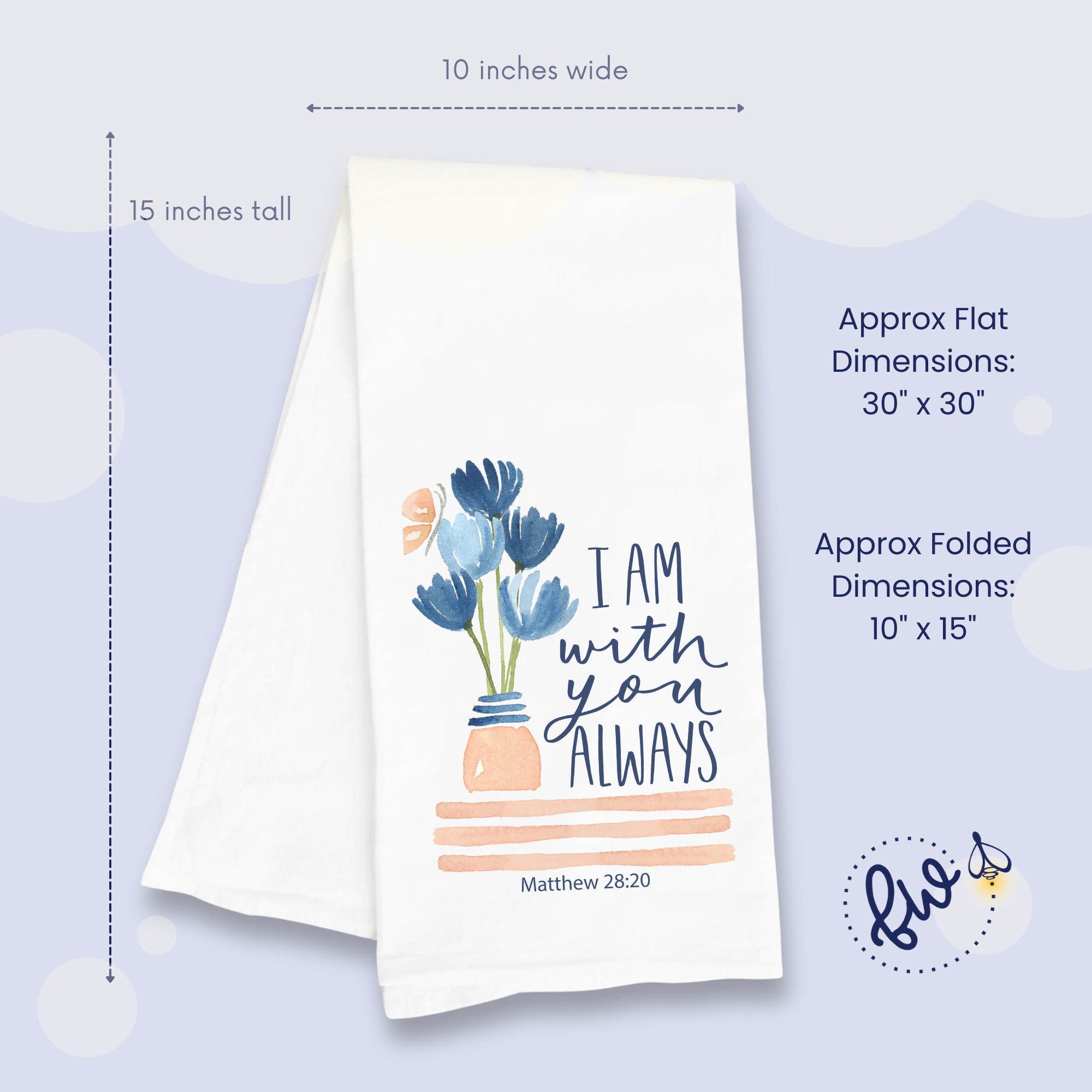 Floral-themed towel with measurements and text on a light purple background