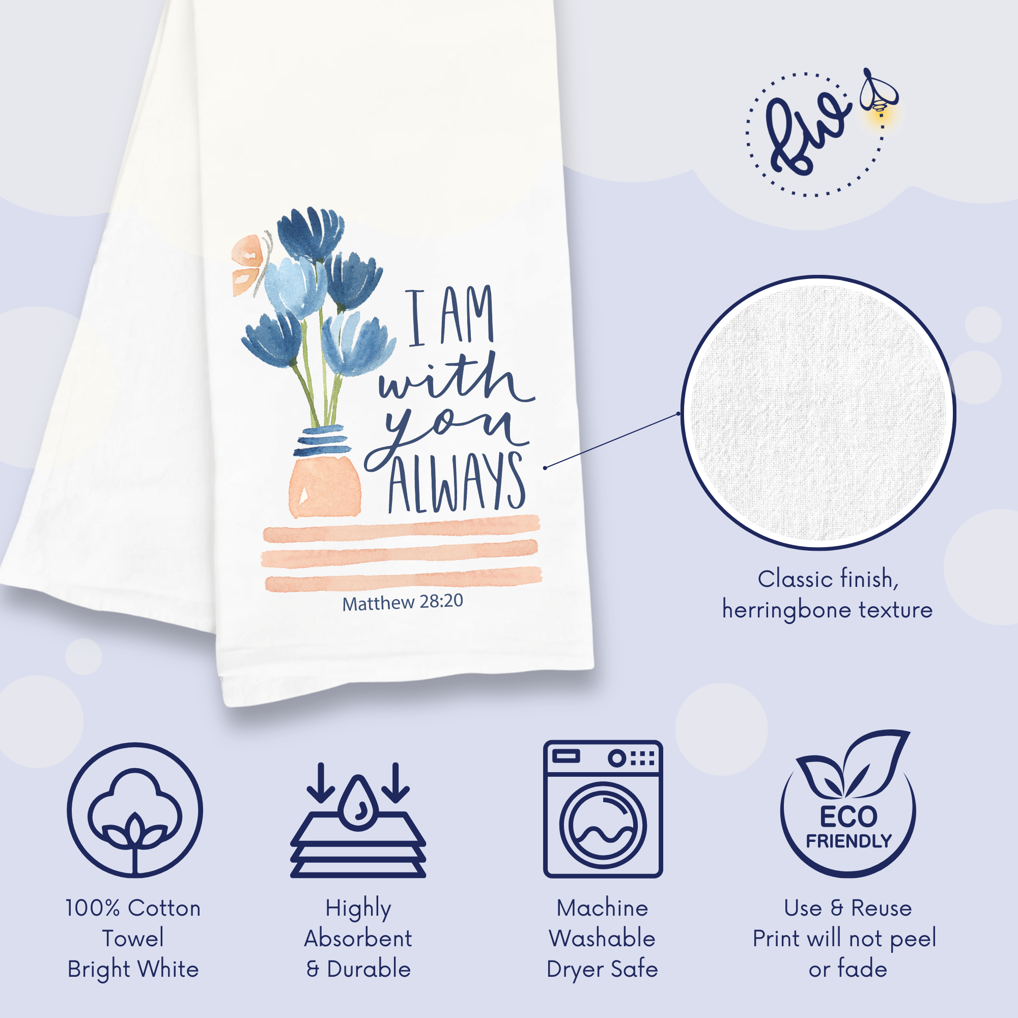 Towel with floral design and text, featuring brand logo and product details on a light purple background.
