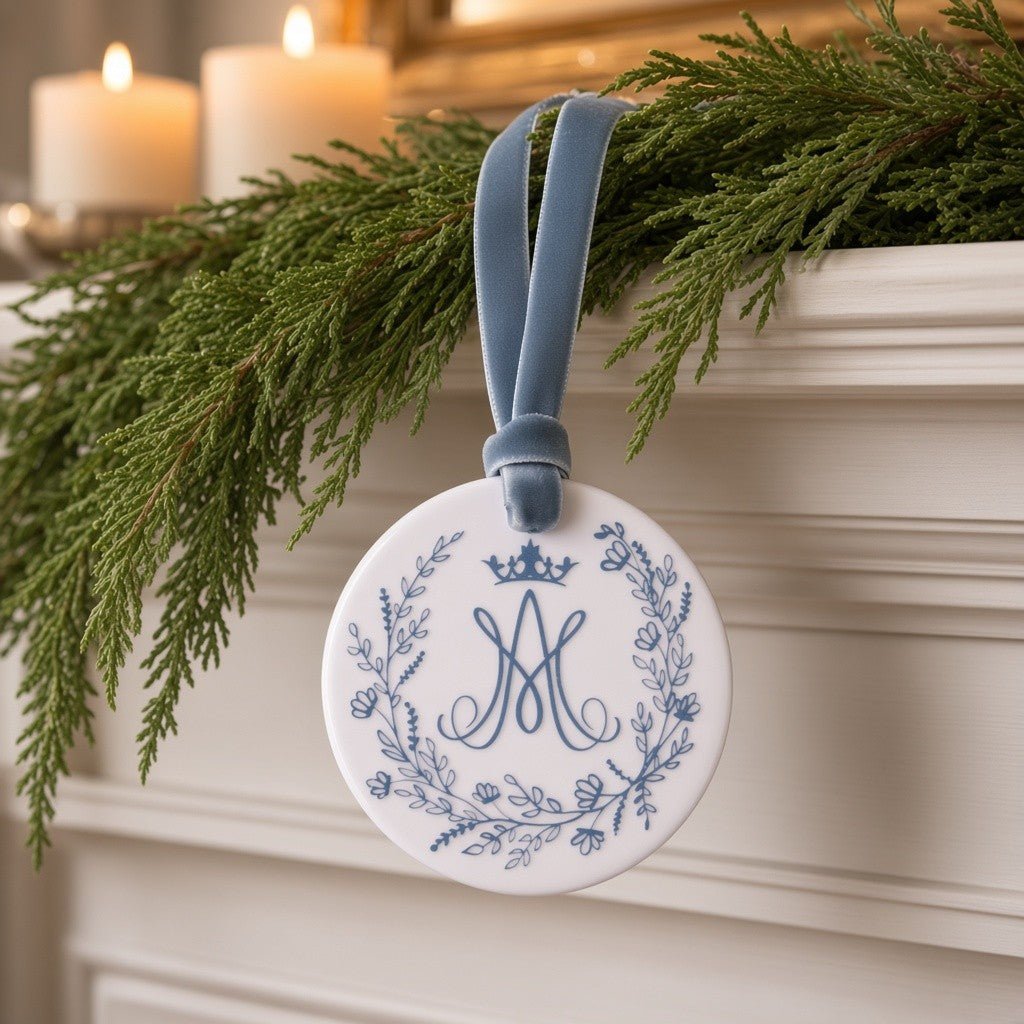 Auspice Maria Ceramic Ornament — Marian Monogram - Firefly Wishes