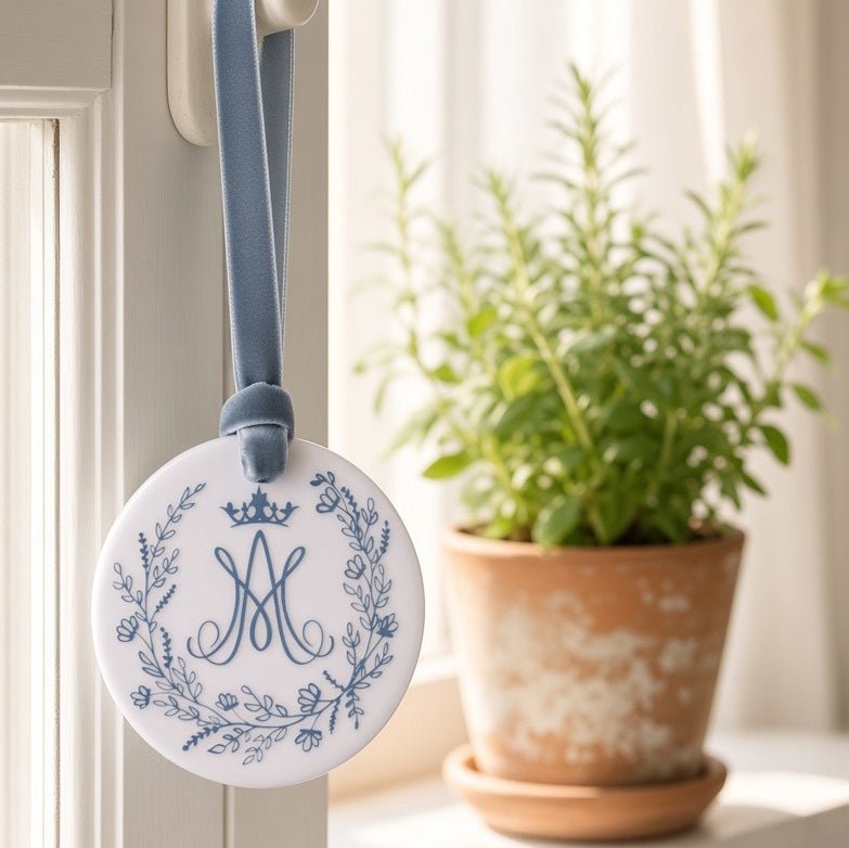 Auspice Maria Ceramic Ornament — Marian Monogram - Firefly Wishes