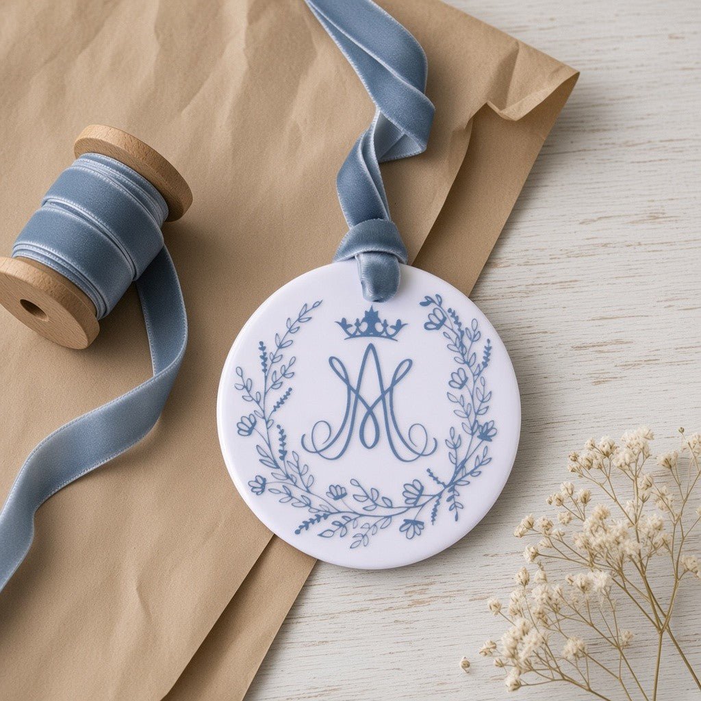 Auspice Maria Ceramic Ornament — Marian Monogram - Firefly Wishes
