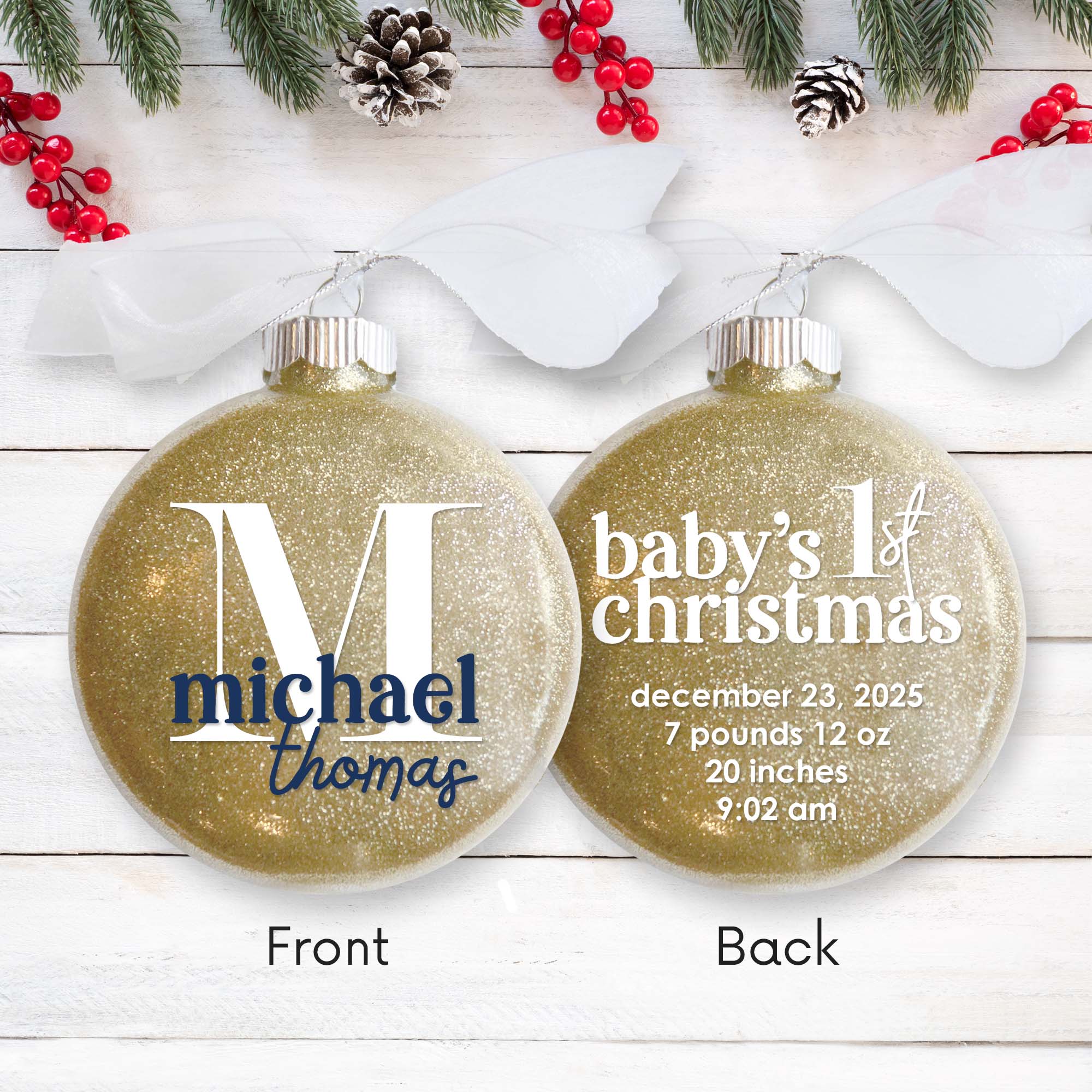 Baby Boy Birth Stats Glitter Christmas Ornament – Personalized - Firefly Wishes