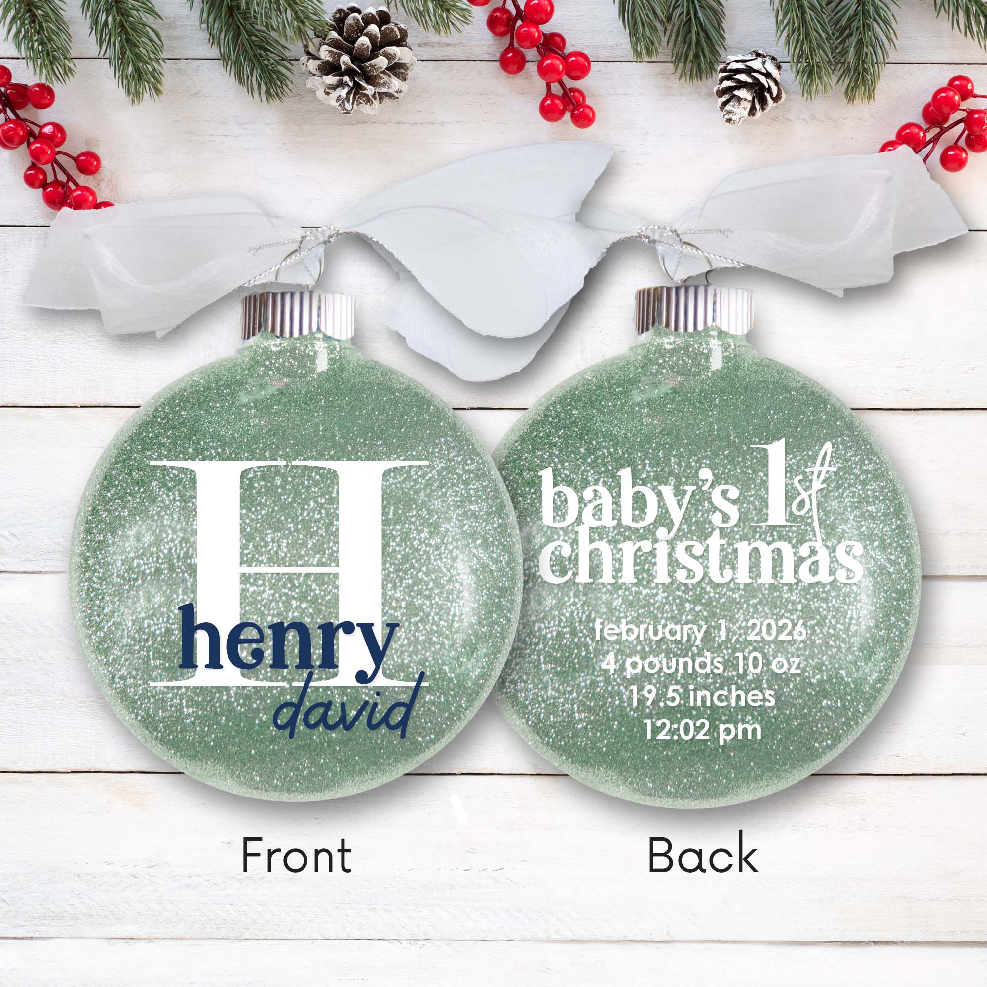 Baby Boy Birth Stats Glitter Christmas Ornament – Personalized - Firefly Wishes